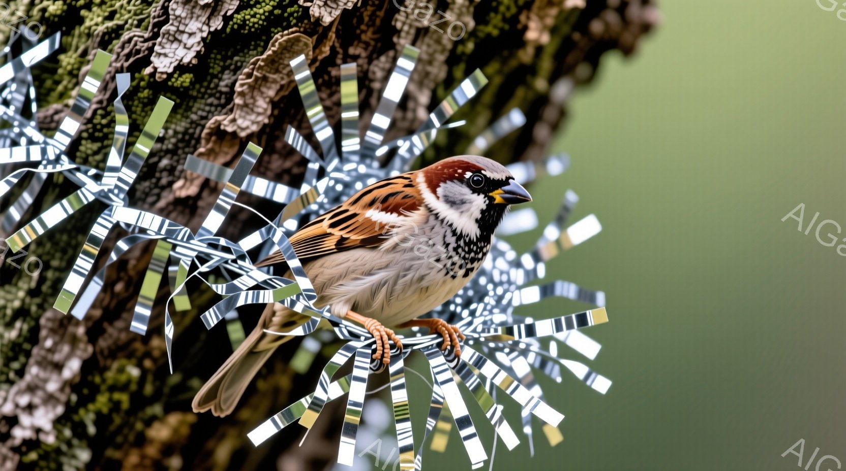 小さなスズメが、緑色の背景にぼやけた木の上にとまっています。スズメは茶色と灰色の羽を持ち、鋭い眼差しで何かを見つめています。木には銀色のリボン状の飾り付けが巻き付けられており、まるでクリスマスツリーのようです。