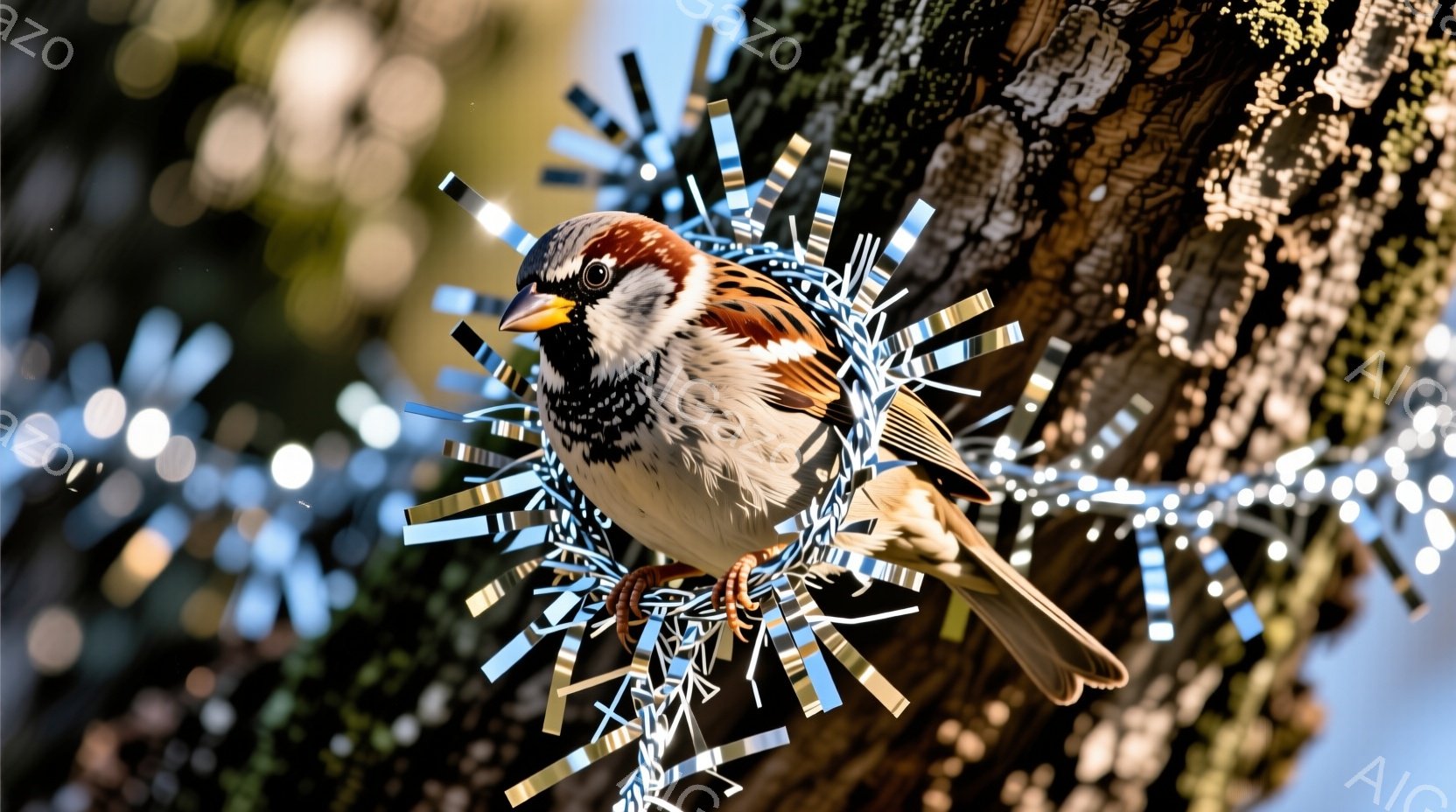 灰色の樹皮に、小さなスズメがとまっています。周囲には銀色の細長い金属片が放射状に配置されており、まるで光のオーラをまとっているようです。背景はぼやけていますが、青空と樹木が見え、穏やかで幻想的な雰囲気を醸し出しています。