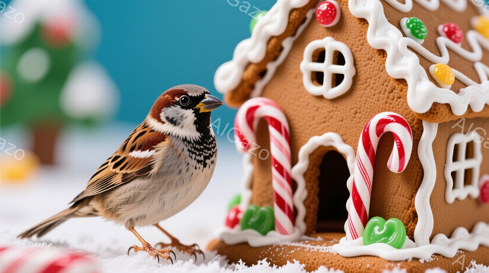 小さなスズメが、雪の上に立ち、お菓子の家を見つめている。お菓子の家は、ジンジャーブレッドで作られ、カラフルなキャンディやアイシングで飾られており、クリスマスらしい雰囲気を醸し出している。背景にはぼやけた緑色の木々があり、全体的に冬の暖かく、お祝いのムードが漂っている。
