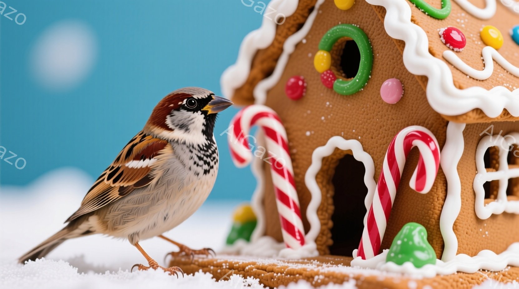 一羽の小鳥が雪の上に立っており、背景にはジンジャーブレッドハウスがあります。小鳥は茶色と黒の模様があり、鋭い眼差しでジンジャーブレッドハウスを見つめています。ジンジャーブレッドハウスはカラフルなキャンディやアイシングで飾られており、雪景色の中でクリスマスの雰囲気を醸し出しています。