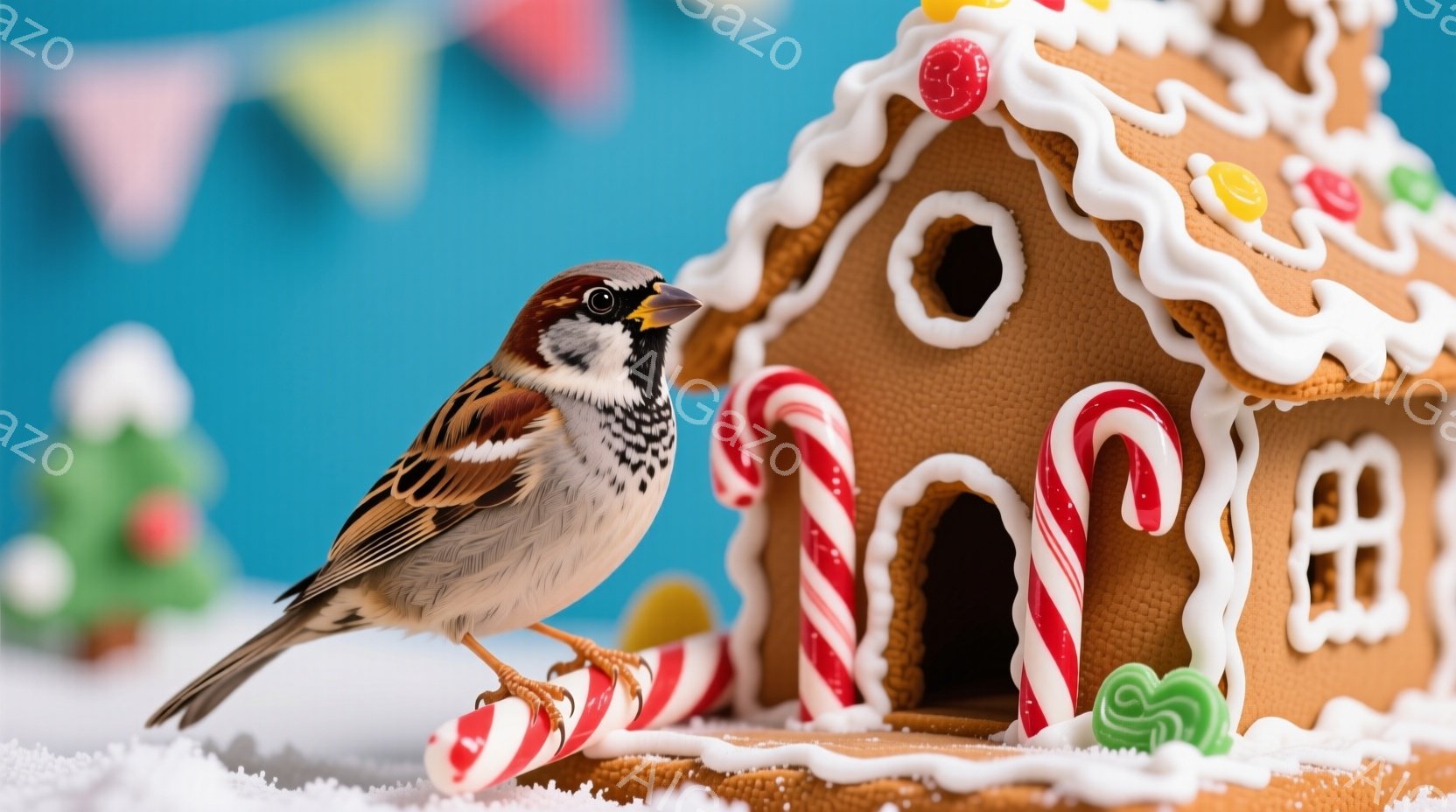小さなスズメが、キャンディケーンとジンジャーブレッドハウスの前に立っている。スズメは茶色と白の羽を持ち、鮮やかなオレンジ色の足で雪の上に立っている。背景には、青色の背景と装飾されたクリスマスツリーが見 - AI生成フリー素材