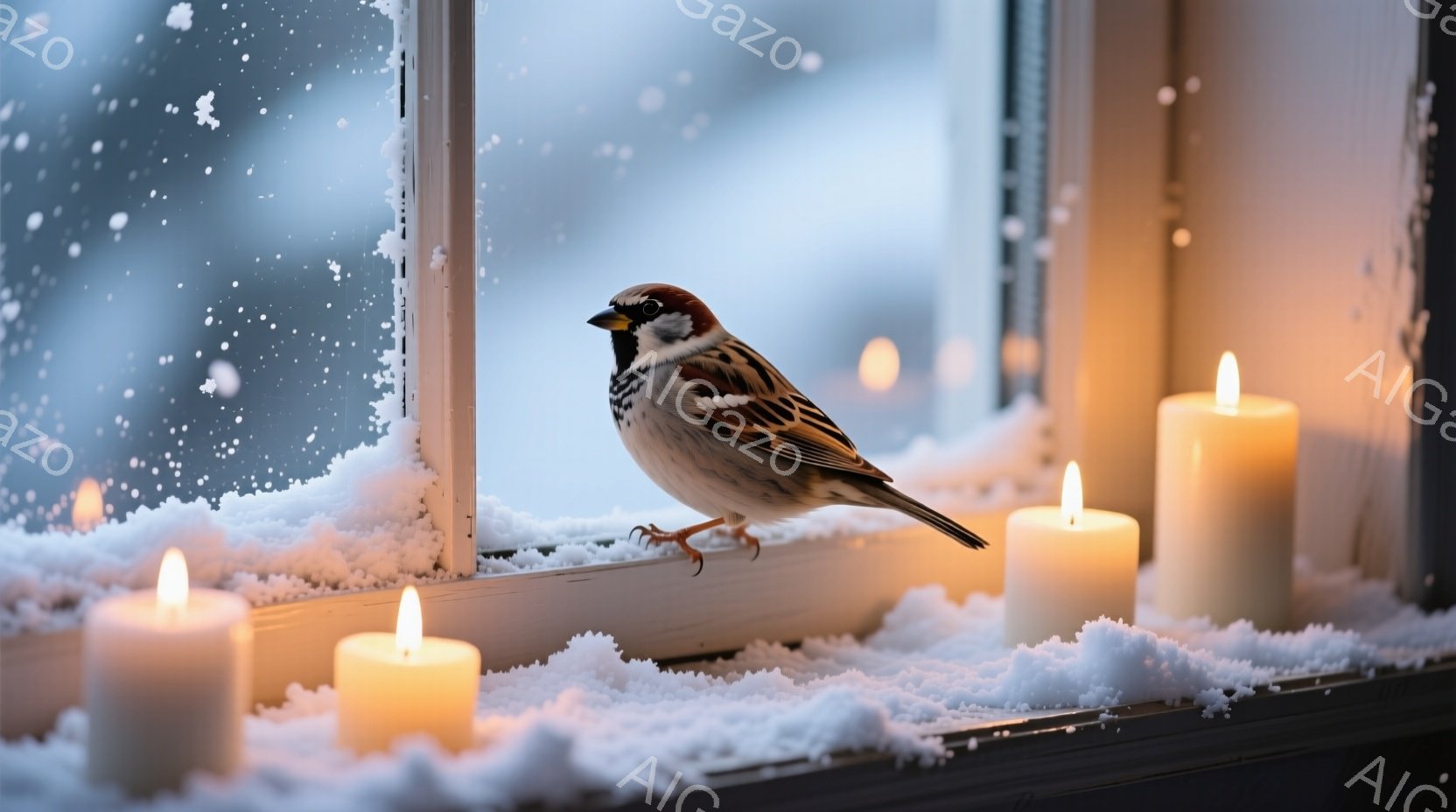 窓枠に雪が積もり、その上に一羽のスズメが立っている。周囲には数本の火が灯ったキャンドルが置かれ、雪景色をぼんやりと照らしている。静かで穏やかな冬の情景で、キャンドルの温かさとスズメの存在が、寒さを和ら - AI生成フリー素材