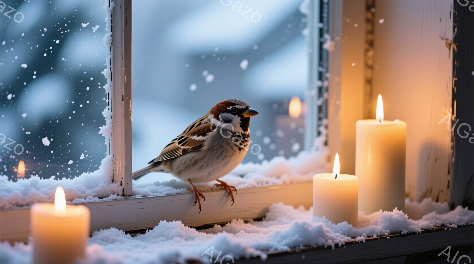白い窓枠に雪が積もり、その上に一羽の雀が立っている。窓の外は雪が降り積もり、ぼんやりと光るキャンドルがいくつか窓辺に並んでいる。雪とキャンドルの灯りが暖かく、静かで穏やかな冬の雰囲気を醸し出している。