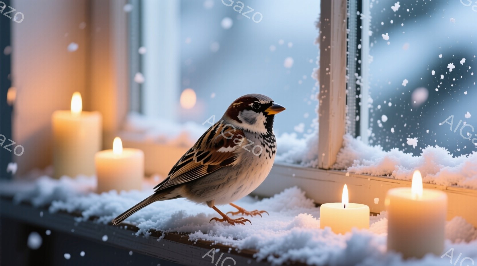 窓辺に積もった雪の上に、美しい模様の雀が立っている。周りには点灯された蝋燭がいくつか置かれ、暖かく穏やかな光を放っている。雪が舞い降りる背景と蝋燭の光が合わさり、冬の静寂と温もりを感じさせる、幻想的な雰囲気を作り出している。