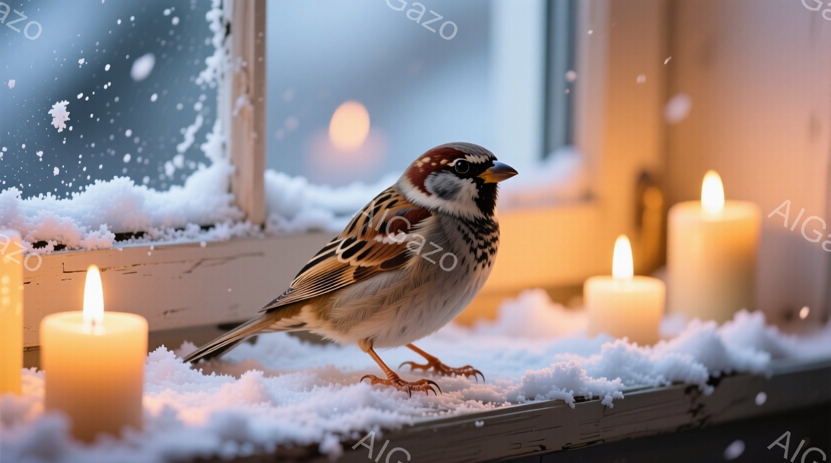 雪が降り積もった窓辺に、一羽の雀が立っている。周りには点灯したロウソクが並び、柔らかい光が雪と雀を照らしている。冬の静けさと温かさを感じさせる、穏やかな情景である。