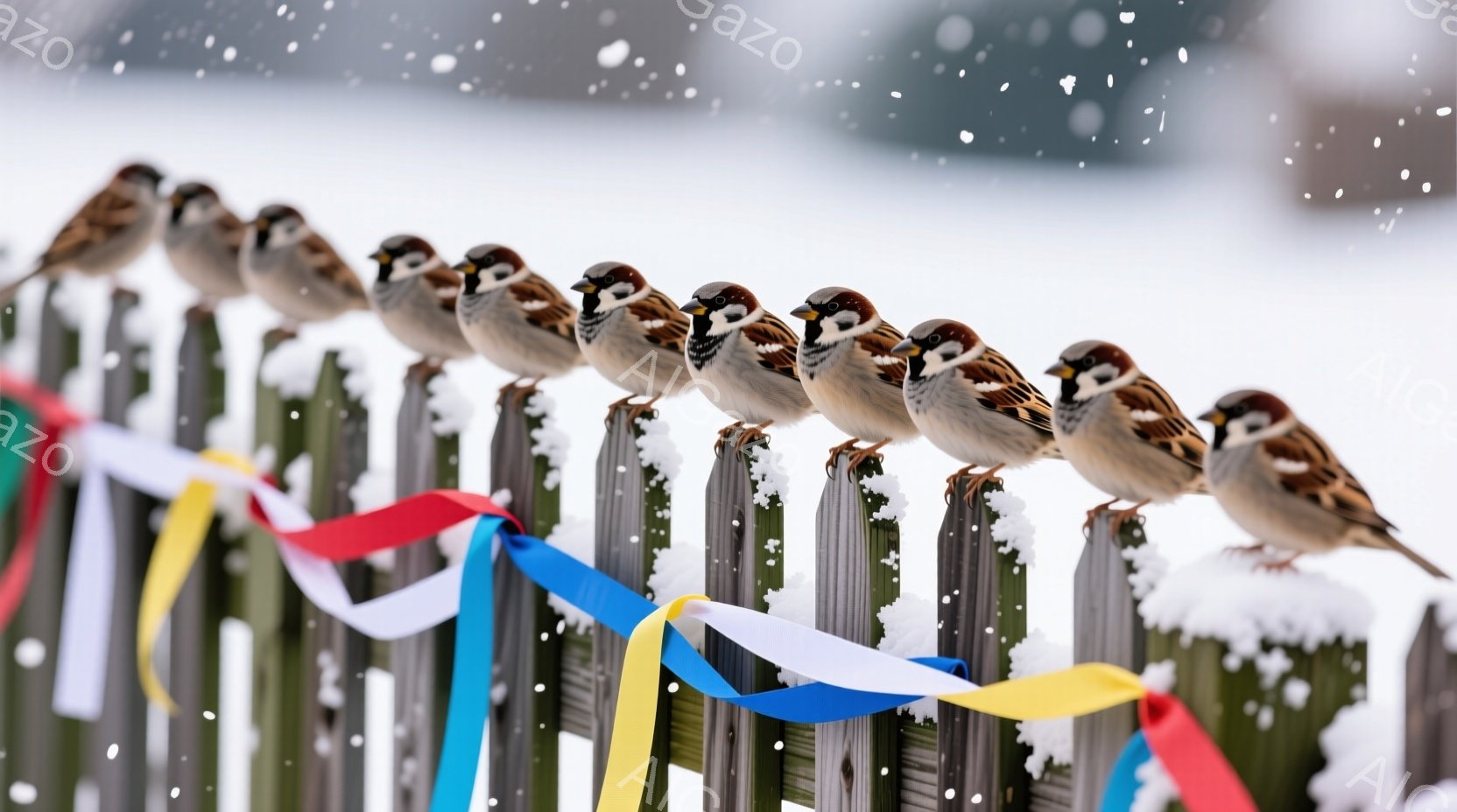 雪が降り積もる中で、多くの雀が雪に覆われた柵の上に整然と並んでいる。各々の雀は茶色と白の模様を持ち、黒いマスクのような模様が特徴的で、丸い黒い目が可愛らしい。背景は白く、冬の静寂と、色彩豊かなリボンが - AI生成フリー素材