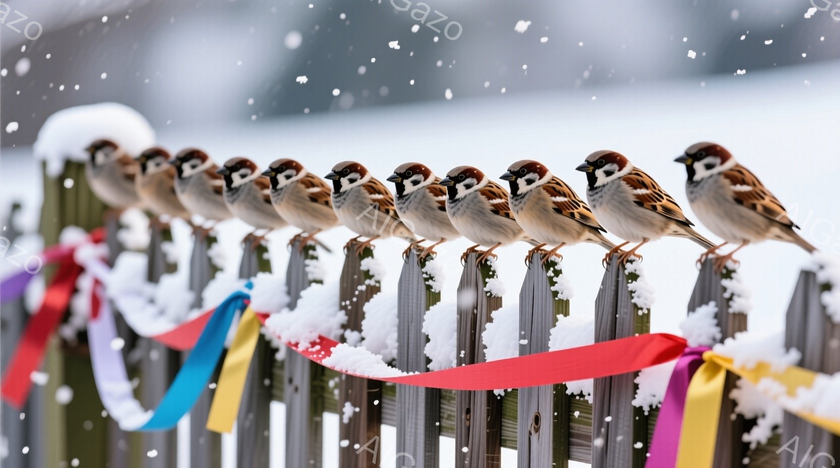 雪が降る中で、スズメたちが雪化粧された柵の上を整列して並んでいます。それぞれのスズメは丸みを帯びたシルエットで、黒、白、茶色、灰色の毛並みが特徴的です。背景にはぼやけた木々が見え、全体的に静かで穏やか - AI生成フリー素材