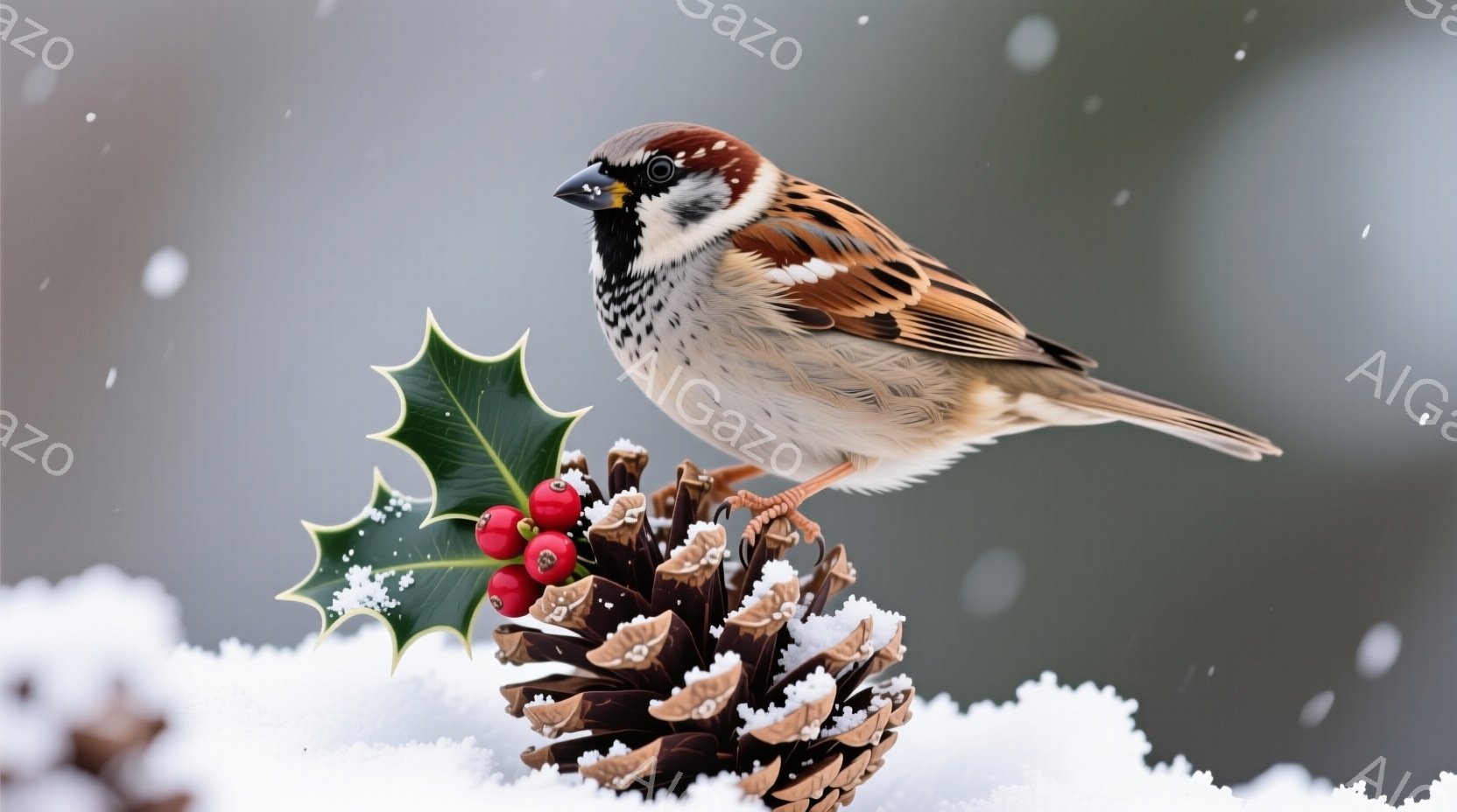 スズメが雪に覆われた松ぼっくりの上に止まっています。背景にはホーリーの葉と赤い実が飾られ、冬の静寂な雰囲気を醸し出しています。スズメは茶色と灰色の美しい模様を持ち、警戒心と好奇心を混ぜた表情でこちらを見ているようです。