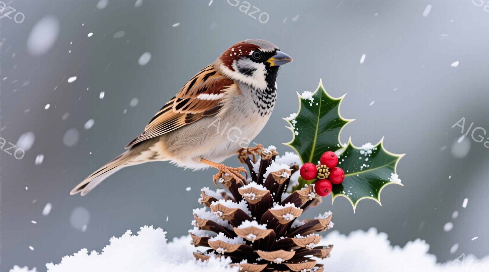 小さなスズメが松ぼっくりと赤い実の付いた葉の上に止まっています。背景はぼやけた灰色で、雪が舞い散る冬の景色が広がっています。スズメは茶色と灰色の美しい模様を持ち、鋭い眼差しで何かを見つめているようです - AI生成フリー素材