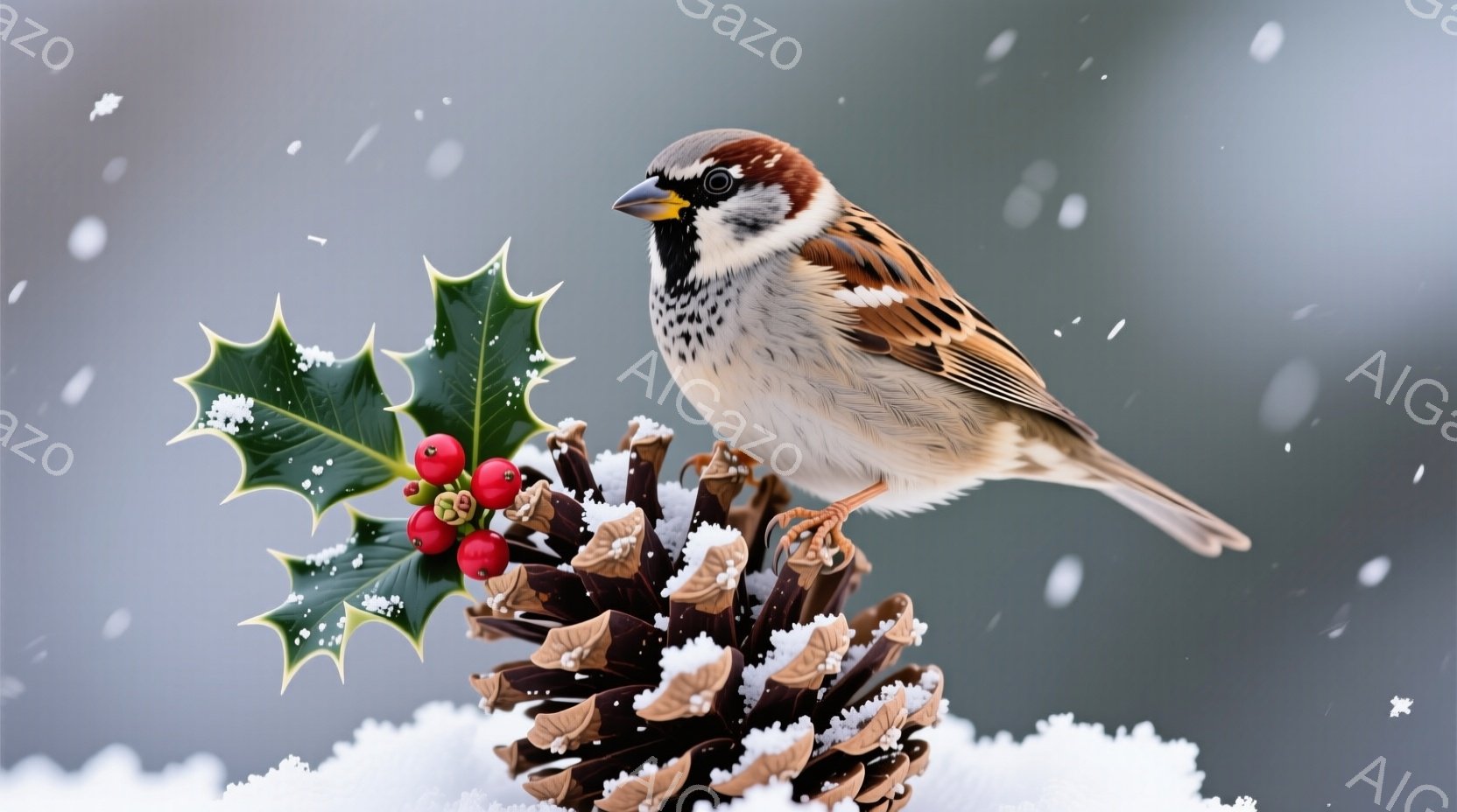 一羽のスズメが、雪をまとった松ぼっくりの上に止まっています。背景には緑の葉と赤い実の植物があり、背景はぼやけた灰色で、雪が舞っている様子が描かれています。全体的に、冬の静けさと自然の美しさを表現した穏やかな雰囲気の画像です。
