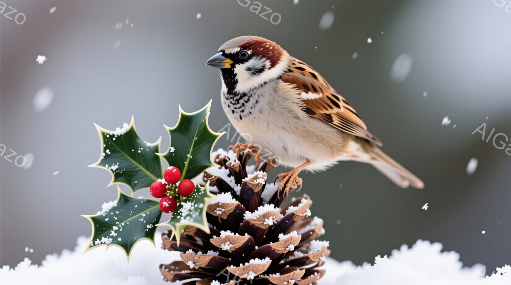 雪が舞う中で、一羽の雀が松ぼっくりと冬の葉の上に止まっています。雀は茶色と白の模様を持ち、鋭い眼差しでこちらを見ているようです。背景はぼやけており、雪景色と暗い緑の葉が冬の静けさを強調しています。