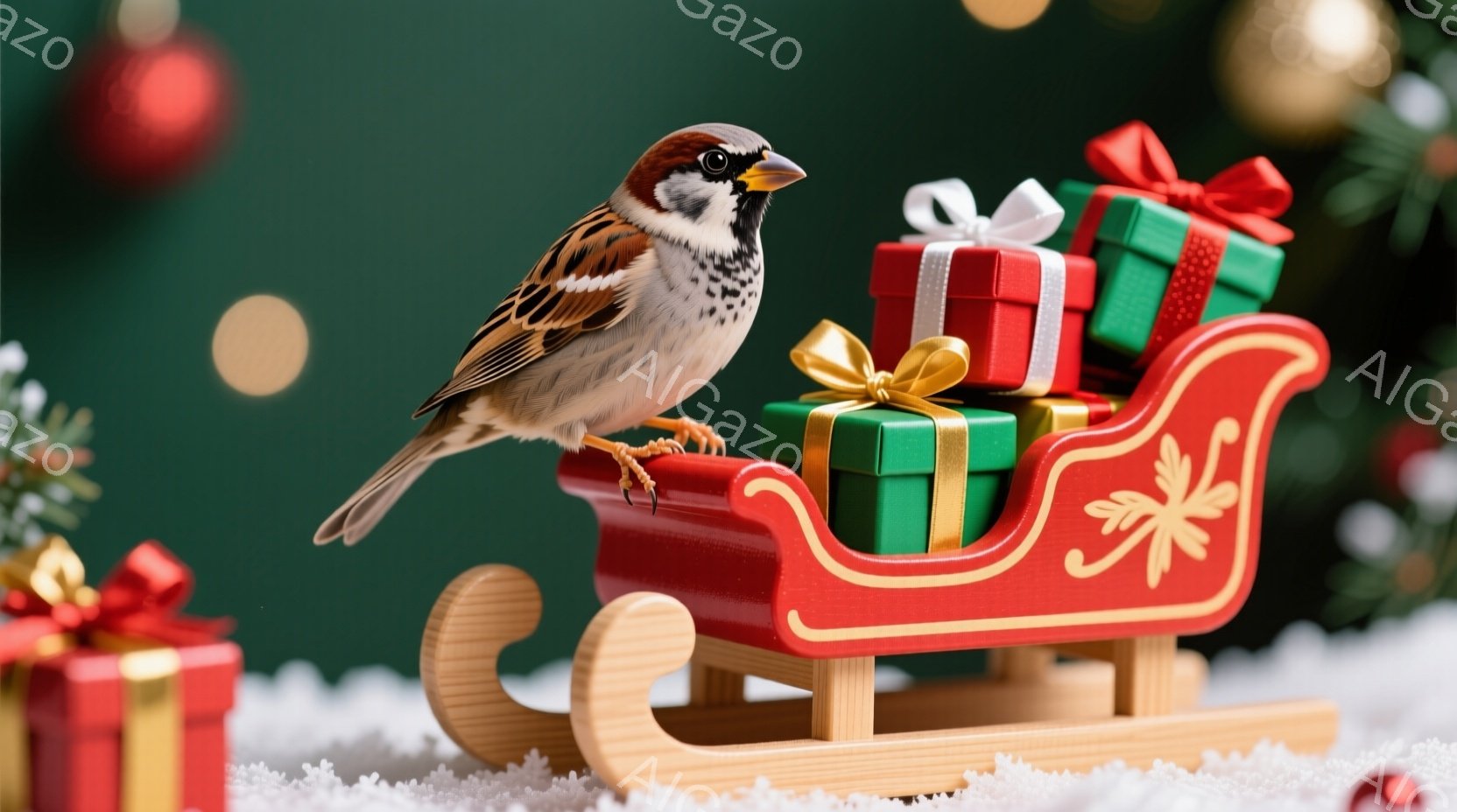 赤いソリの上に、プレゼントの箱が積み上げられています。そのソリに一羽の雀が止まっており、少し前かがみの姿勢でこちらを見ています。背景には緑色のクリスマスツリーと白い雪が敷かれた地面があり、全体的に温かく、お祝いの雰囲気が漂っています。