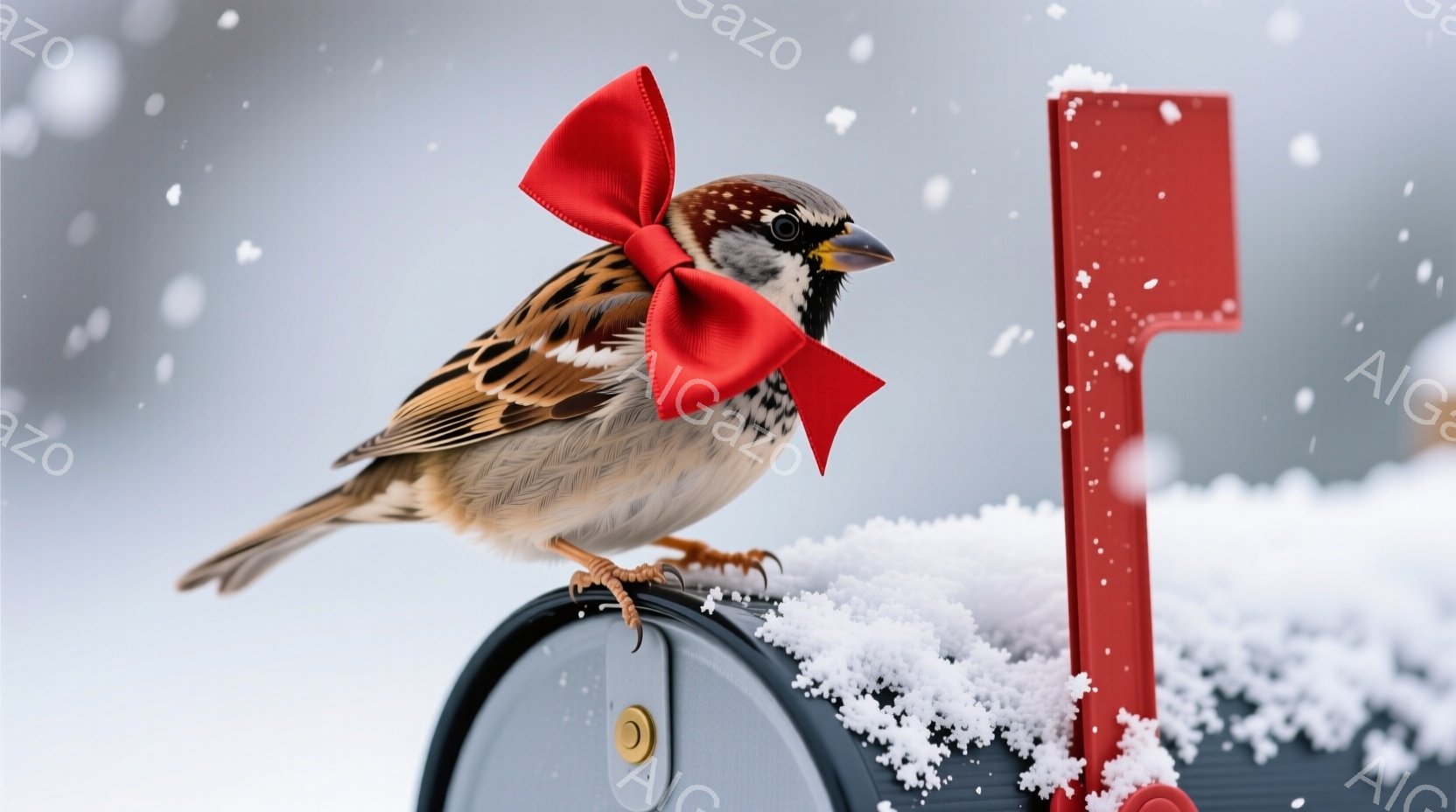 雪が舞う中で、一羽のスズメが赤いリボンをつけて郵便受けの上にちょこんと座っています。スズメは少し驚いたような表情で、丸い瞳が光っています。背景は白く、雪景色が広がり、クリスマスの雰囲気を感じさせる静か - AI生成フリー素材