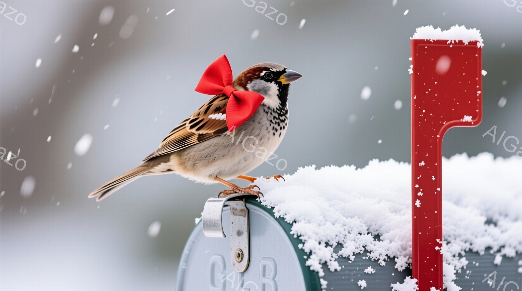 スズメが赤いリボンをつけて、郵便受けの金属製の部分にとまっています。周囲は雪景色で、郵便受けにも雪が積もり、冬の静かな雰囲気が漂っています。スズメは前方を向いており、少し凛々しい表情をしています。 - AI生成フリー素材