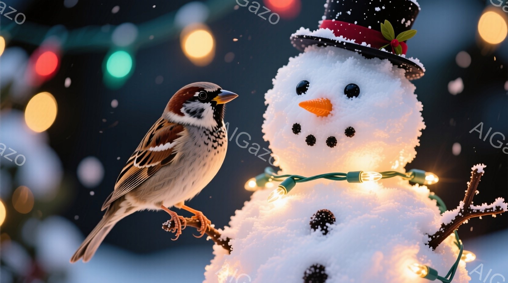 画面には、雪だるまのそばに止まっている小さなスズメが描かれています。雪だるまは、にんじんの鼻、石炭のような目と口、そして頭には赤いリボンと黒い帽子をかぶっており、緑色のクリスマスライトで飾られています - AI生成フリー素材