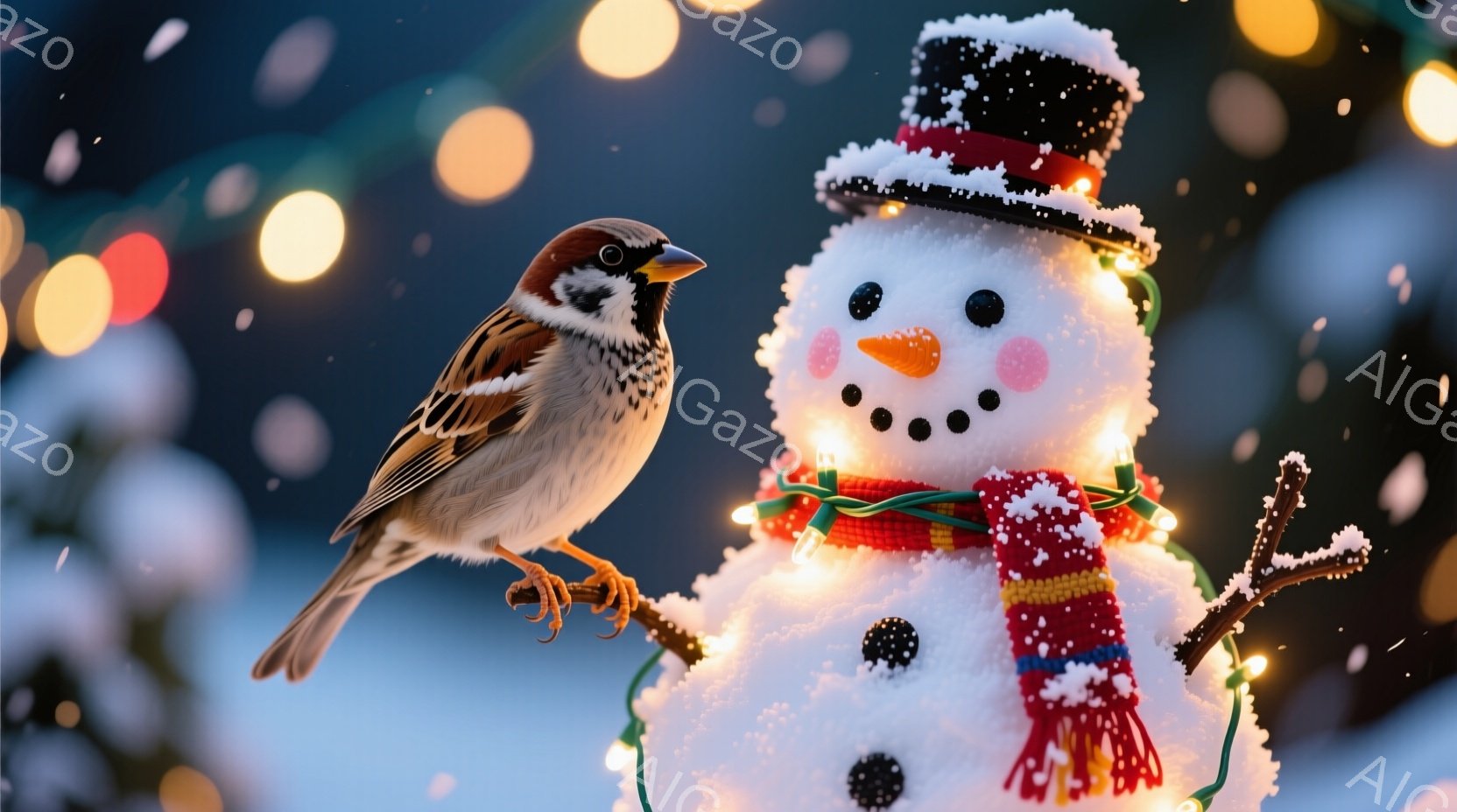 雪で作られた雪だるまが、赤いストライプの長いマフラーと、雪で覆われたつばのついた帽子をかぶって立っている。小鳥が雪だるまの肩に止まり、枝にしっかりと掴まっている。背景には、ぼやけた緑色の木々と、暖かい光を放つぼやけた電飾が散りばめられており、冬の暖かく幻想的な雰囲気を醸し出している。