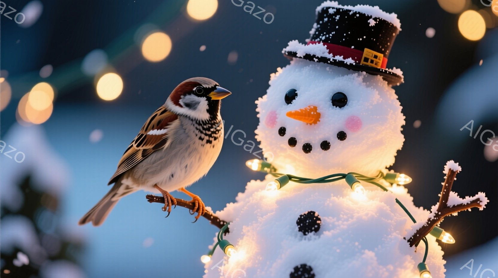 雪で作られた大きな雪だるまが、頭にシルクハットをかぶり、にんじんの鼻と石ころで作られた目と口を持って微笑んでいます。そのすぐ横の木の枝には、茶色と灰色がかった小さな鳥が止まっており、雪だるまを見つめて - AI生成フリー素材