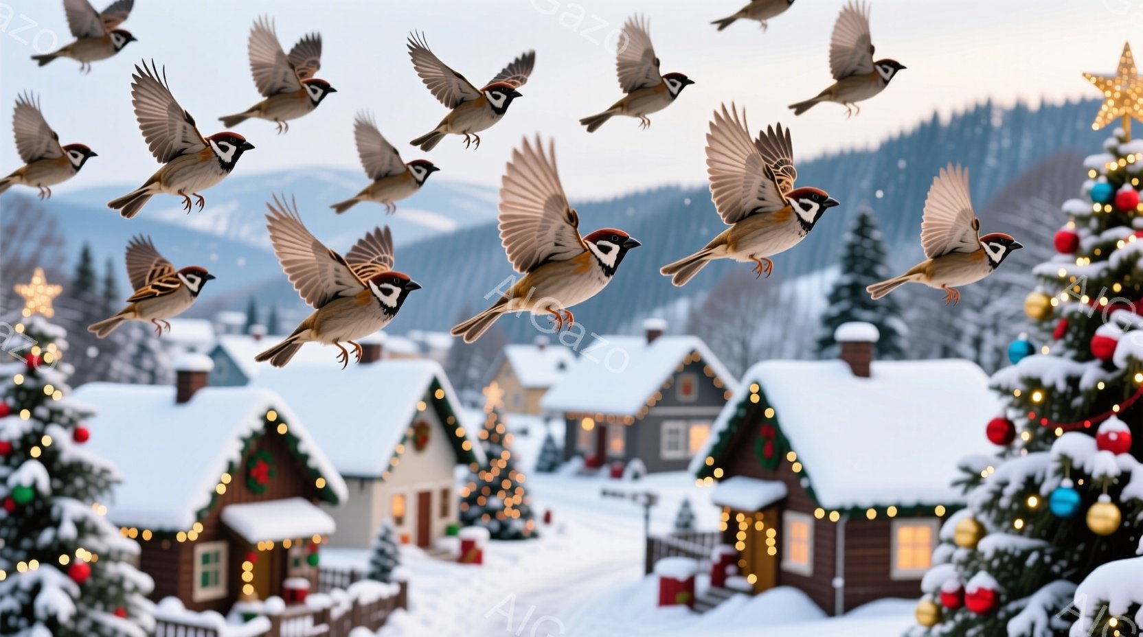 雪に覆われた可愛らしい木造家屋が並び、クリスマスイルミネーションで温かい光が灯っています。空には、まるで祝福するようにたくさんの雀が舞い、冬の暖かく幻想的な雰囲気を演出しています。背景には雪を抱いた山々が広がり、穏やかな冬の日の光景が広がっています。