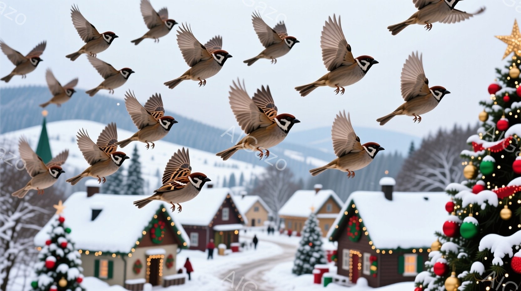 雪景色の中に、たくさんのスズメが飛んでいる様子が描かれている。背景には、クリスマス飾りで彩られた可愛らしい家々が並び、遠くには雪をまとった山々が見える。全体的に暖かく、平和なクリスマスの雰囲気が漂って - AI生成フリー素材