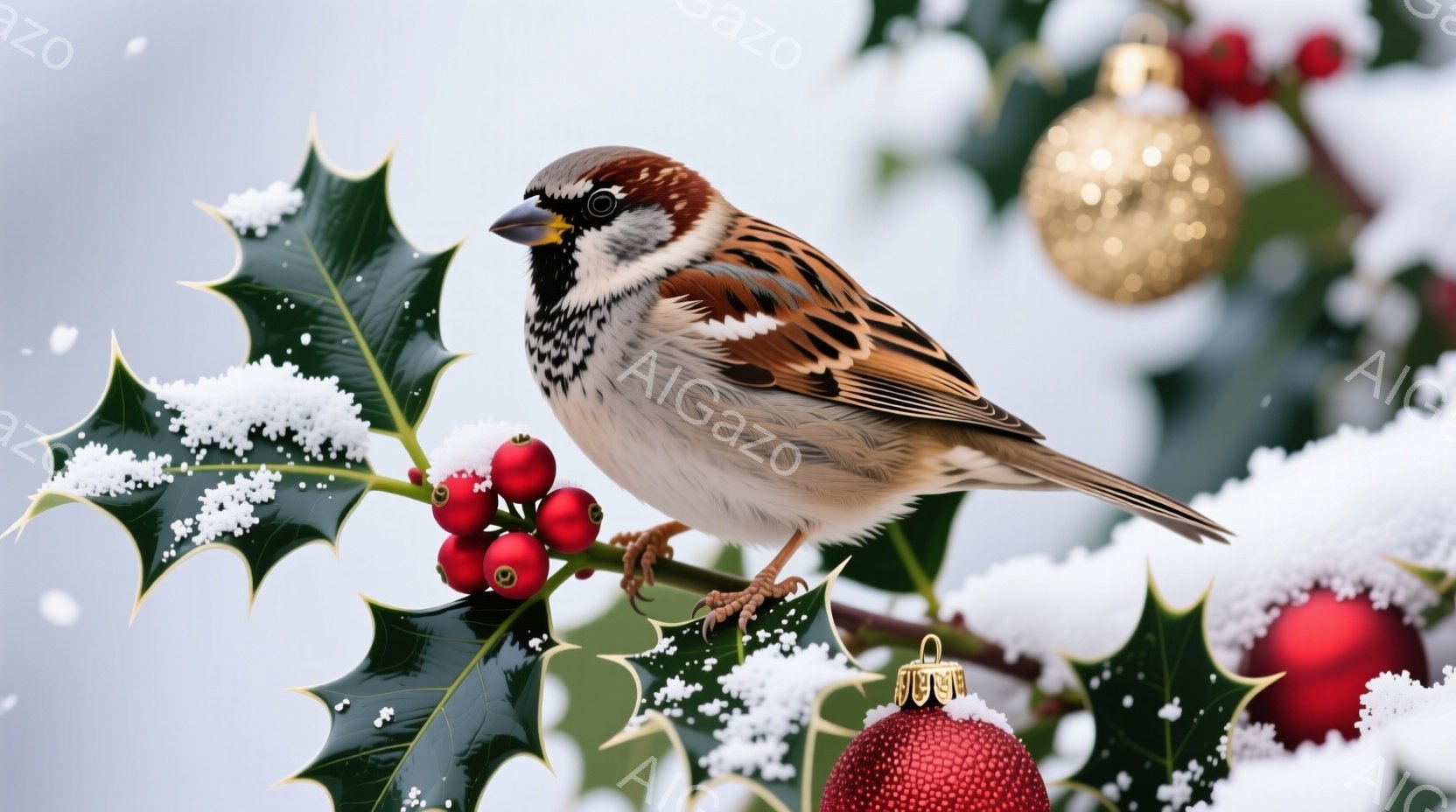 スズメが赤い実のついた柊の枝にとまっています。雪が枝や赤いオーナメントに降り積もり、冬の季節感を演出しています。背景には、さらに多くのオーナメントが見え、クリスマスの装飾が施された自然の風景が描かれています。