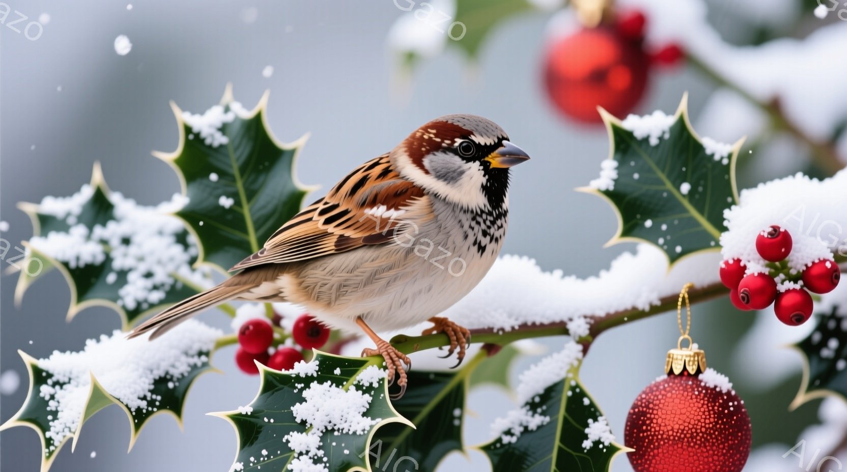 冬の背景に、ホオジロというスズメの仲間が雪をまとった柊の枝にとまっています。その鳥は茶色と白の羽毛を持ち、鋭い目と小さく黒いくちばしが特徴です。背景には赤い実の付いた柊と、クリスマスオーナメントの赤い飾りが見え、冬の静寂と温かさを感じさせる光景です。