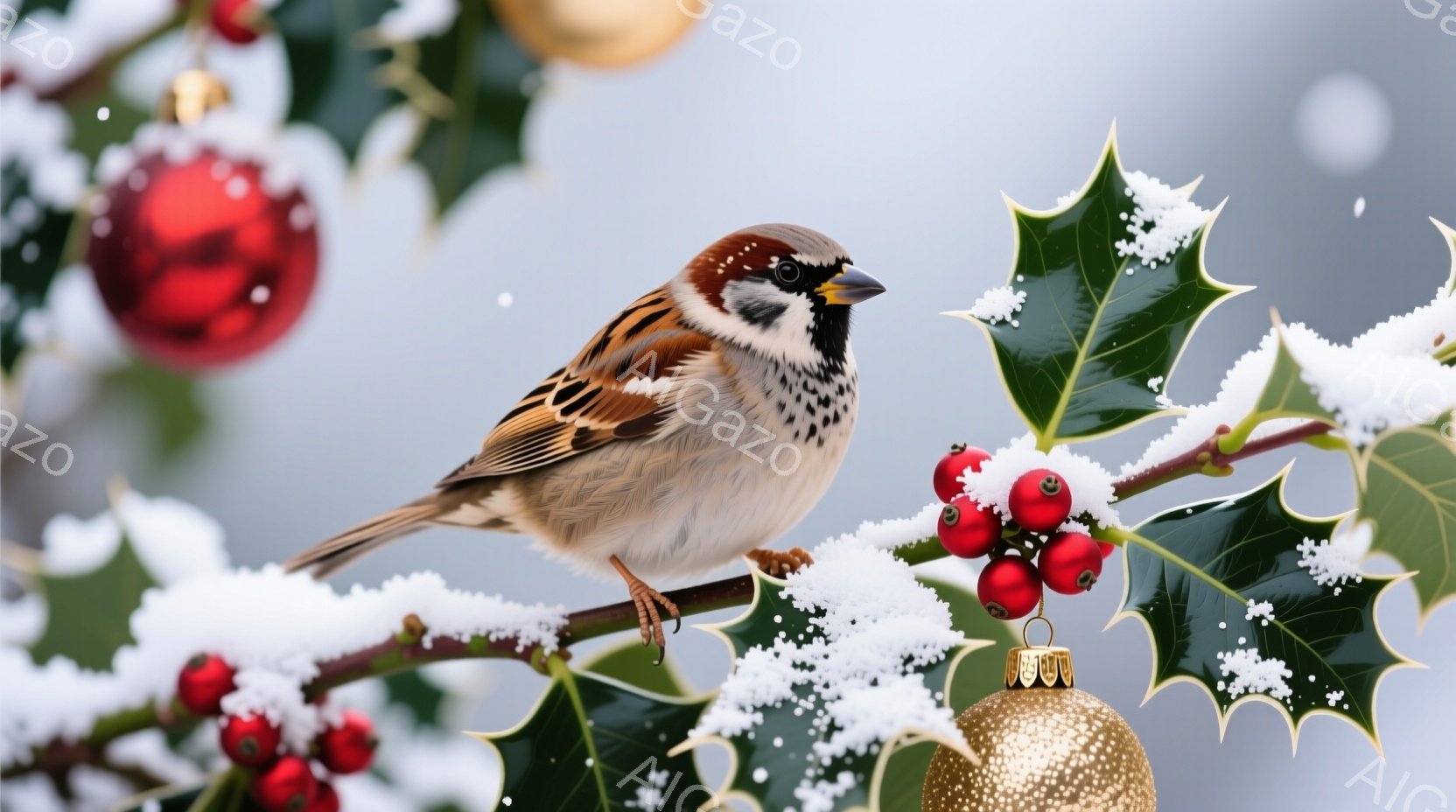 冬の装飾が施された枝に、スズメが一羽とまっています。雪が積もった緑の葉と赤い実、金色のオーナメントが背景にあり、冬の暖かくお祝い的な雰囲気を醸し出しています。スズメは茶色と白の羽毛を持ち、少し警戒した表情でこちらを見ています。