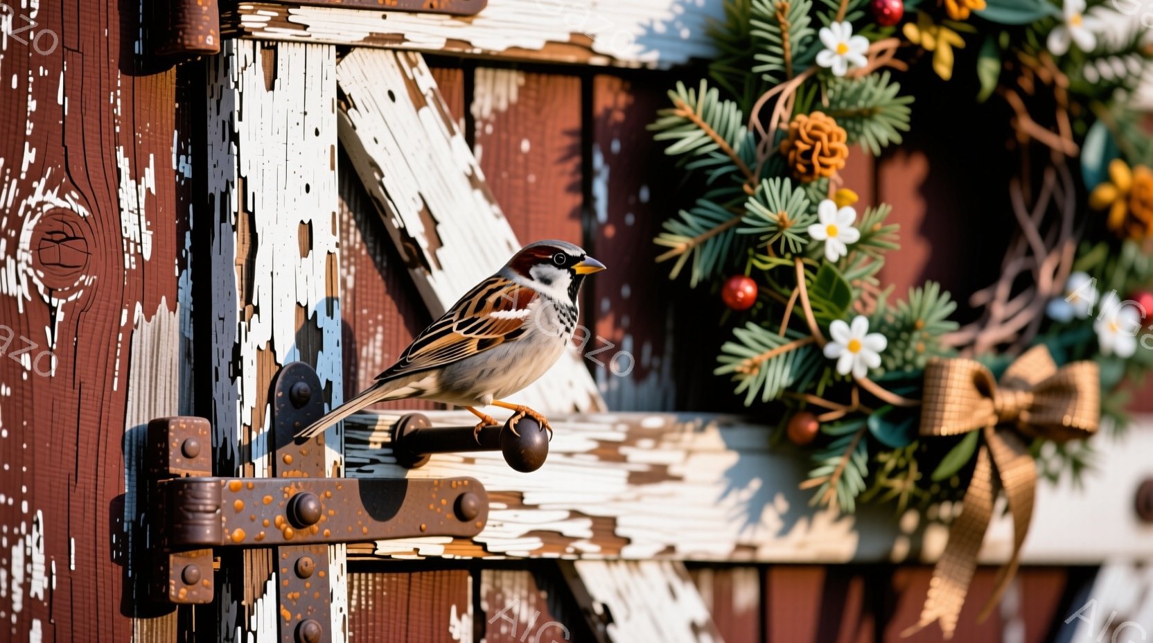 古びた木製のドアに、スズメが一羽止まっています。スズメは茶色と灰色の羽を持ち、正面を向いて少し上を見ているようです。背景には、赤い実やリボン、松ぼっくりなどで飾られたクリスマスリースがあり、冬の暖かい - AI生成フリー素材