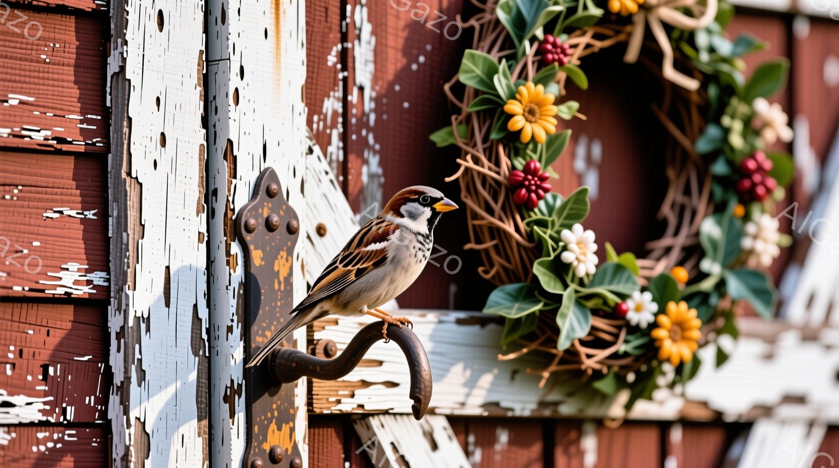古びた赤い木の壁に、錆びた金属製のドアノッカーが取り付けられています。スズメが一羽、そのノッカーにとまっており、正面を向いています。背景には、花で飾られたリースが掛かっており、全体的に素朴で穏やかな雰囲気を醸し出しています。