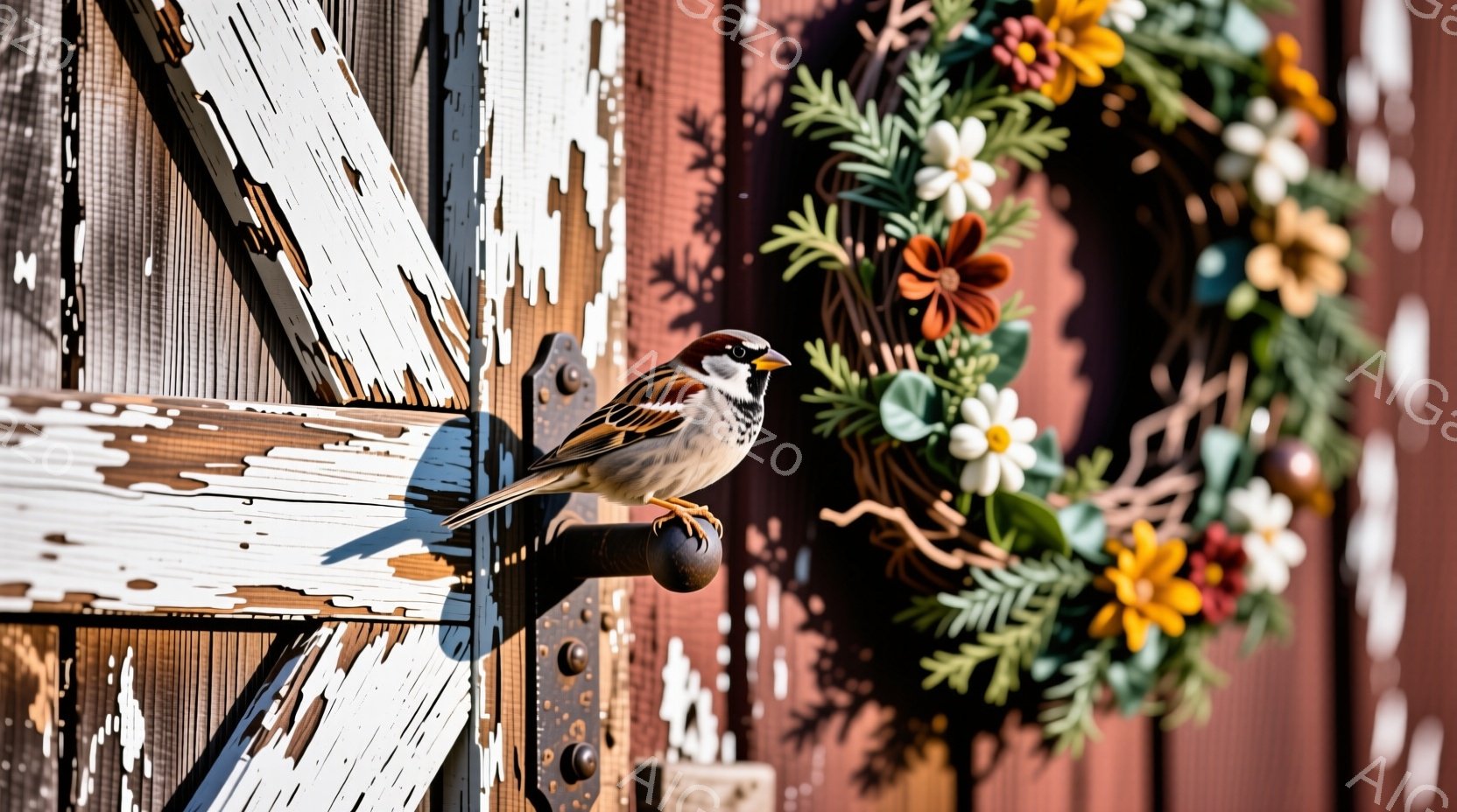 剥がれかけた赤い木製のドアに、一羽の雀が止まっています。背景には秋らしい花輪が飾られており、暖色系の色合いが印象的です。雀は前方を向き、わずかに首を傾げている様子から、周囲を警戒しているような落ち着かない雰囲気を感じさせます。