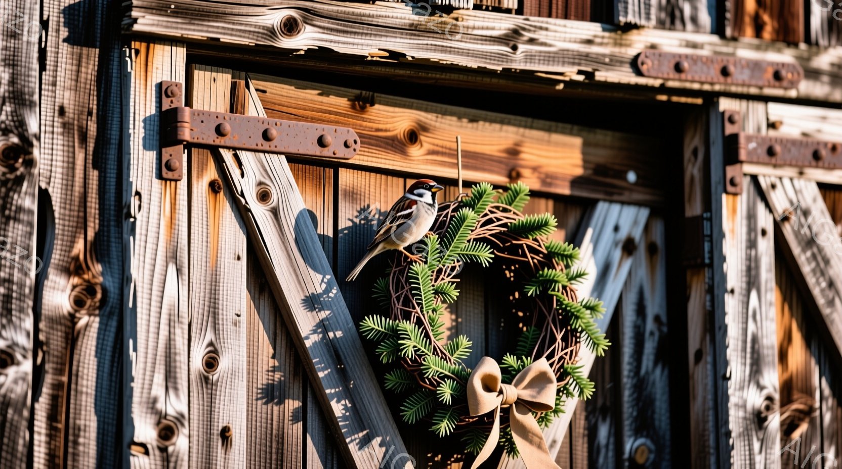 古びた木の扉に、常緑樹で作られたリースが飾られています。その上に、一羽の雀が止まっており、まるでリースを鑑賞しているかのような様子です。背景は木製の壁で、温かい日差しが差し込み、静かで素朴な雰囲気を醸し出しています。