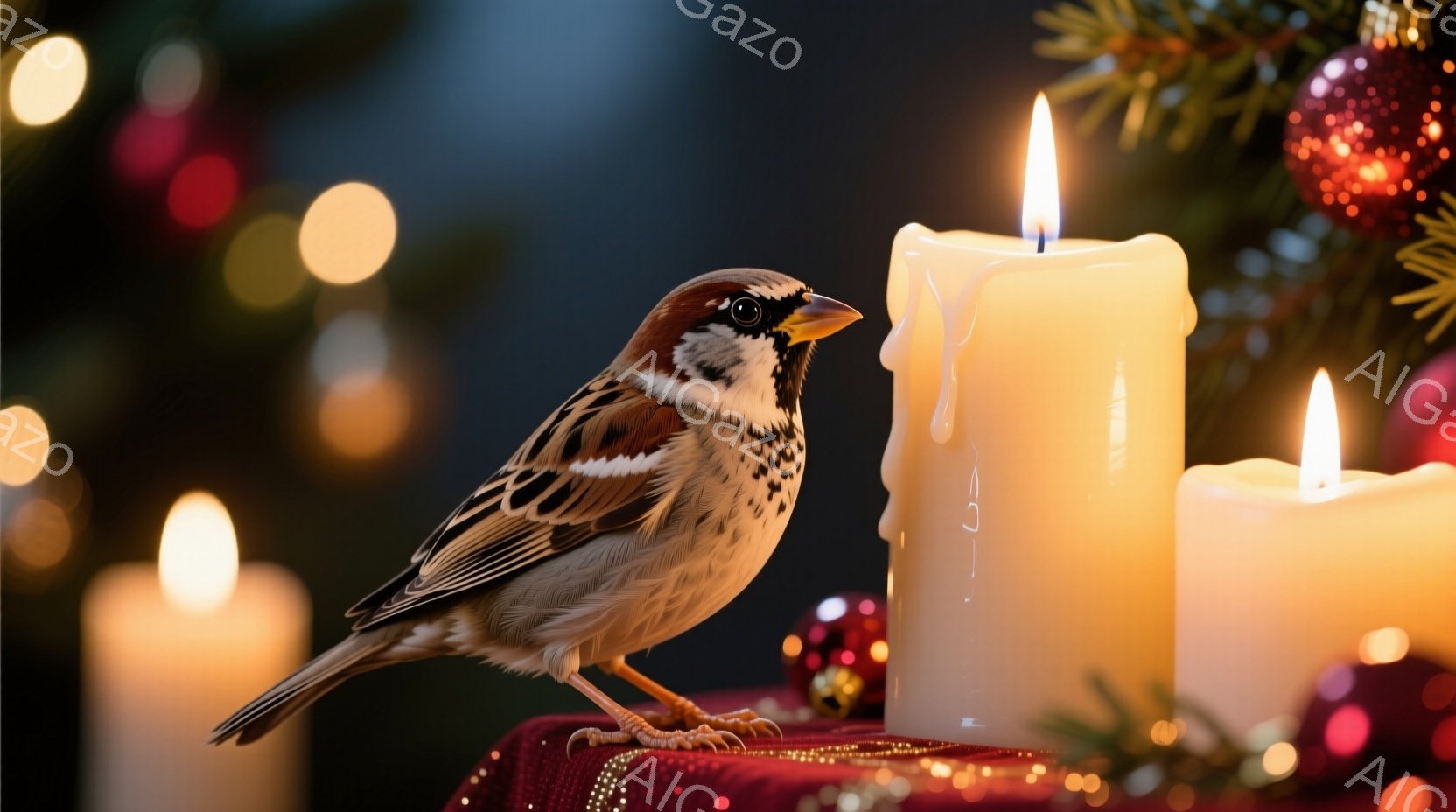 一羽のスズメが赤いテーブルクロスの上に立っており、溶けかけた白い蝋燭の横にいます。背景にはぼやけたクリスマスツリーの飾りと、他の蝋燭の光が見え、暖かく幻想的な雰囲気を醸し出しています。スズメは警戒しながらも、静かに佇んでおり、冬の夜の温かい光景を思わせます。