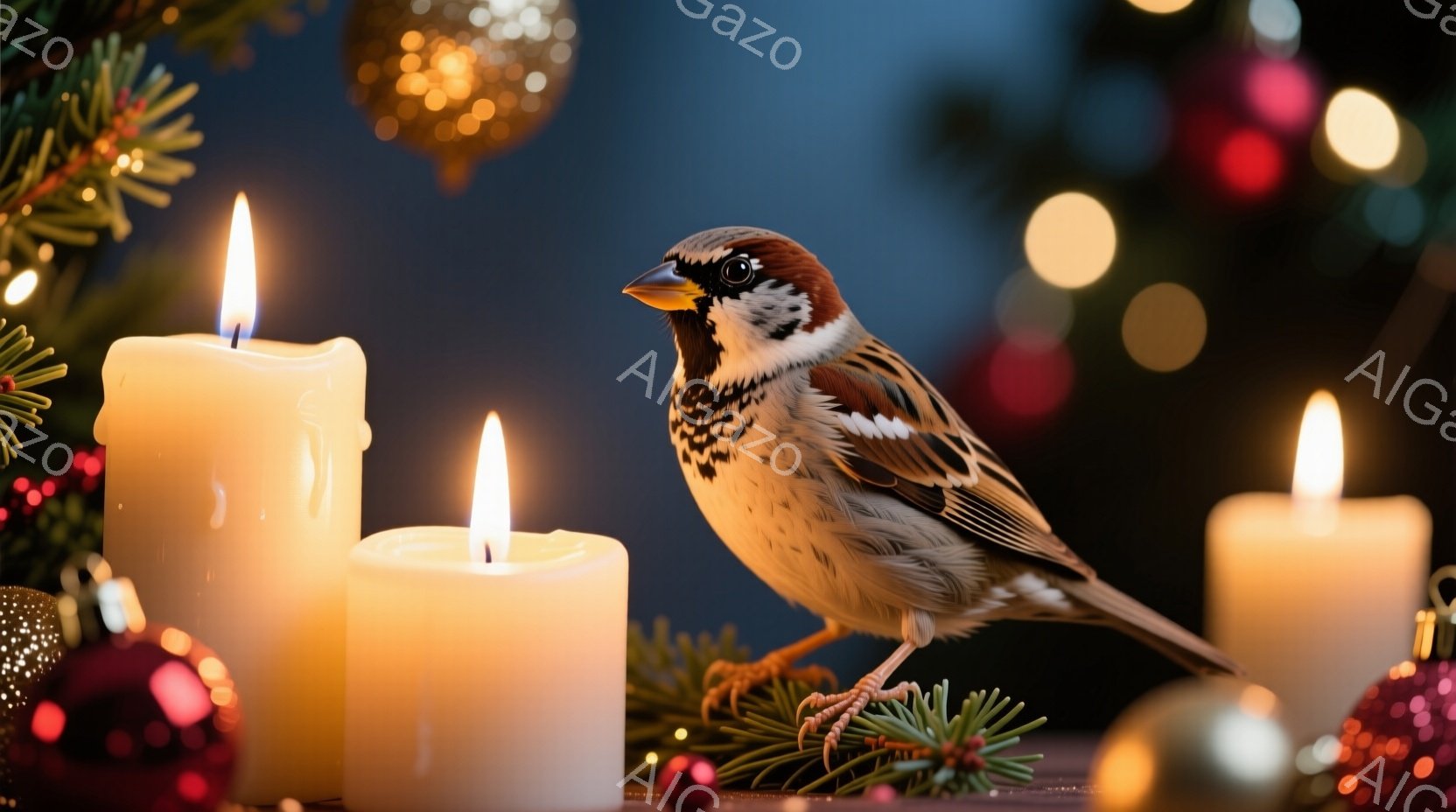暖かく光るキャンドルと、クリスマスオーナメントに囲まれたスズメが描かれています。スズメは茶色と白の羽毛を持ち、黒い目と鋭い嘴が特徴的で、右足をわずかに上げて枝に止まっています。背景はぼやけたクリスマスツリーのライトと赤い実で飾られており、全体的に温かく幻想的な雰囲気を醸し出しています。