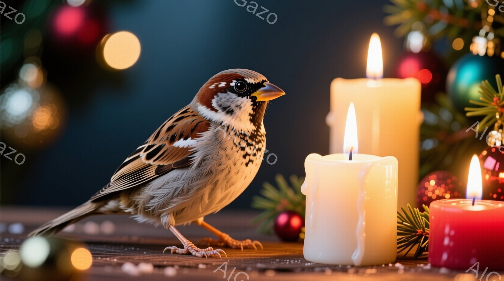 スズメが一つの木のテーブルの上で立っており、背景には赤と金のクリスマスオーナメントと点灯した白いキャンドルがいくつかあります。鳥は茶色と灰色で、鋭い目と小さな足を持っています。全体的に、暖かく、居心地 - AI生成フリー素材