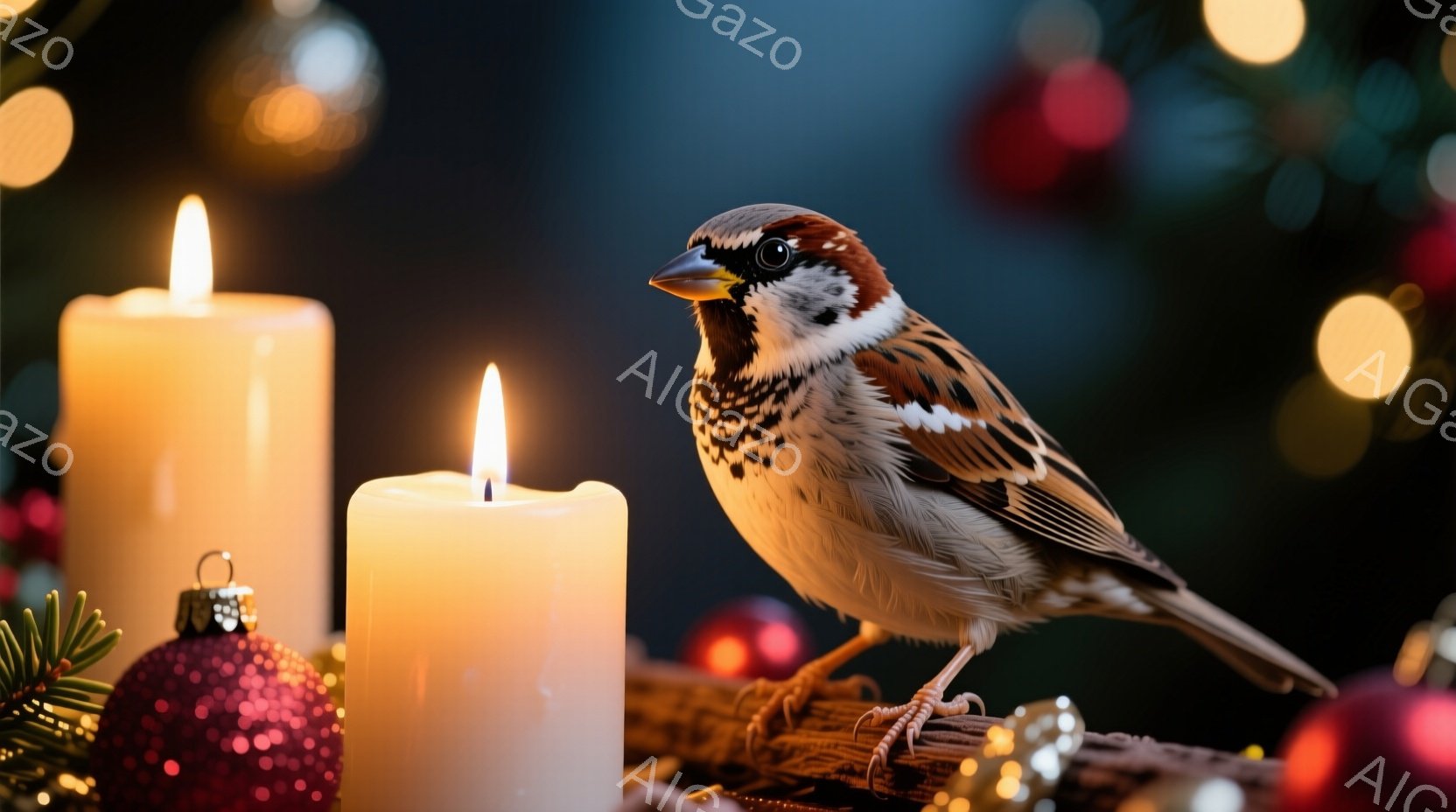 スズメがクリスマスの装飾の中に佇んでいます。背景にはぼやけたクリスマスツリーと赤いオーナメント、そして点灯したキャンドルが暖かく光っています。スズメは茶色と白の羽毛を持ち、鮮やかな目と小さな足で、冬の静寂と温かさを感じさせる穏やかな雰囲気です。
