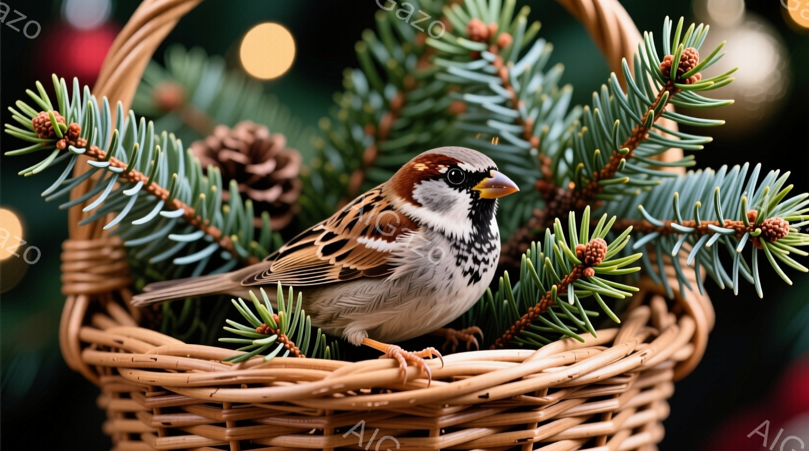 籠の中に一羽の雀がいます。その雀は茶色と灰色の羽毛を持ち、黒い斑点と白い頬が特徴的です。背景には緑色の葉や松ぼっくりがあり、ぼやけた光が散りばめられており、冬の装飾を思わせる暖かい雰囲気を醸し出しています。