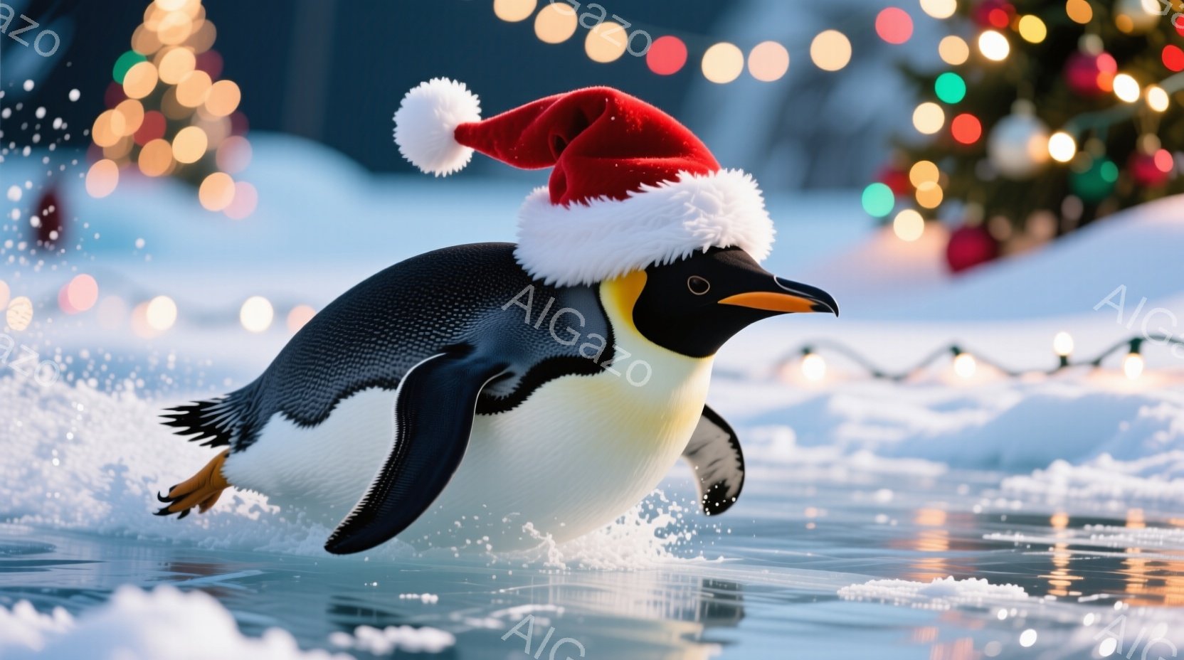 クリスマスの帽子をかぶったペンギンが氷の上を滑っている様子が描かれています。ペンギンは滑る姿勢で、水しぶきを上げながら楽しそうに前進しています。背景にはぼやけたクリスマスツリーの光が輝き、冬の幻想的な - AI生成フリー素材