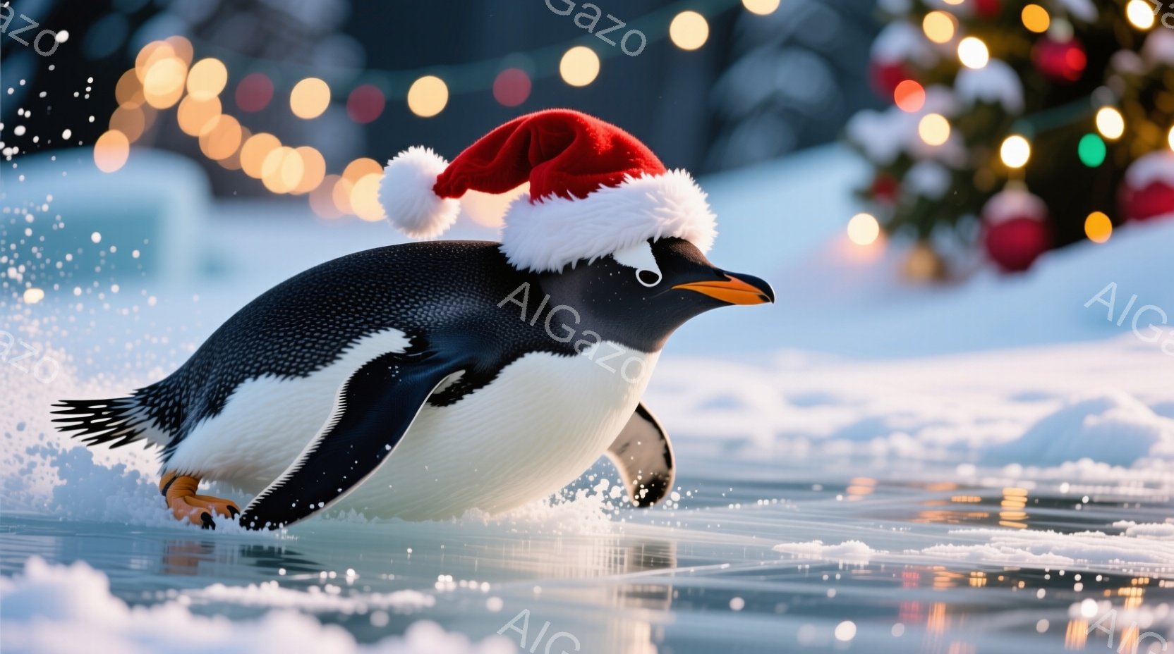 氷上を滑るペンギンの様子を描いています。ペンギンは赤いサンタ帽をかぶり、勢いよく滑走しており、周囲には氷の飛沫が飛び散っています。背景にはぼやけたクリスマスツリーの光が輝き、冬の祝祭の雰囲気を感じさせ - AI生成フリー素材