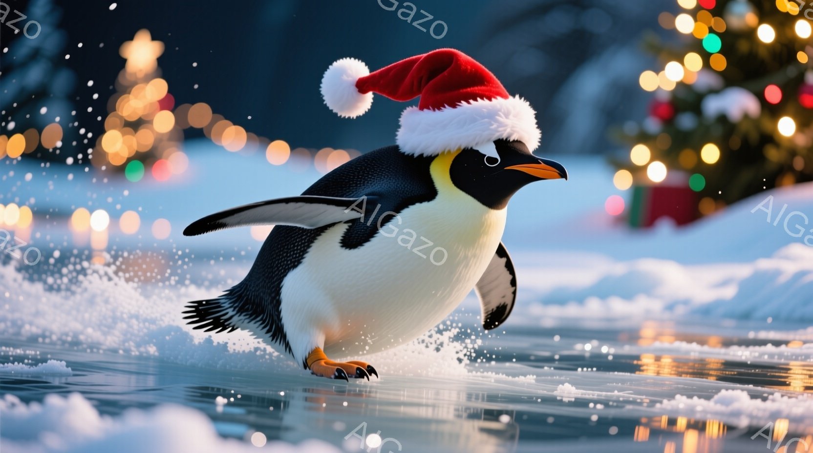 白地に黒い模様のペンギンが氷上を滑っている様子が描かれています。頭には赤いサンタ帽を被っており、活発に足を動かして滑走しています。背景にはぼやけたクリスマスツリーの光があり、雪が舞う冬の雰囲気の中で、ペンギンは楽しそうに氷上を滑っています。