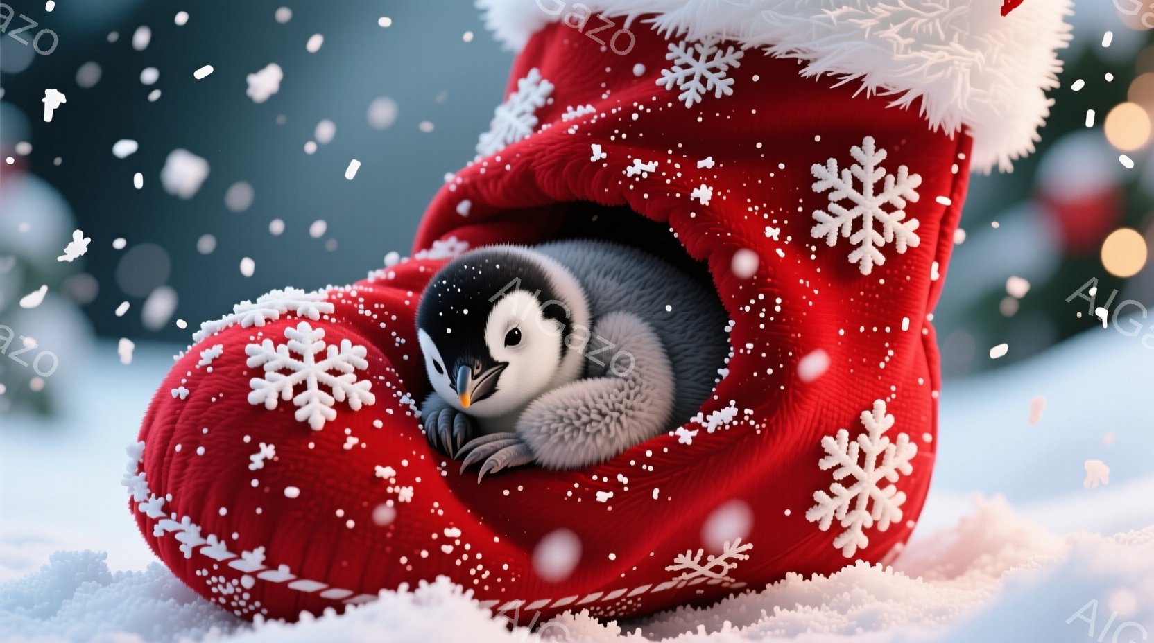 雪の中に真っ赤なクリスマスソックスがあり、その中に愛らしいペンギンの雛が丸まって入っています。雛は目を閉じ、リラックスした表情で、ふわふわとした白い羽毛に包まれています。背景は雪景色で、遠くにはぼんやりと木々が見え、クリスマスの温かく、平和な雰囲気を醸し出しています。