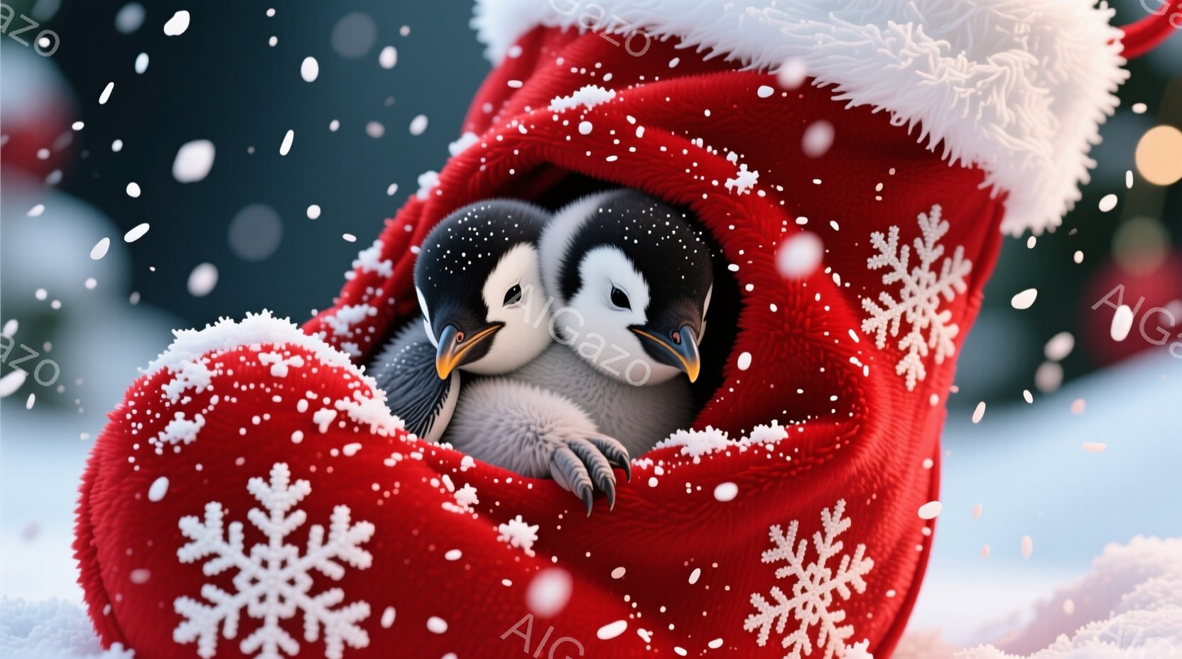 赤いサンタの靴の中に、二羽のペンギンの雛が寄り添って入っています。雛たちはふわふわの白い毛並みで、つぶらな瞳でこちらを見ており、とても愛らしい表情をしています。背景には雪が舞い降りており、全体的に暖かく、ほのぼのとしたクリスマスの雰囲気が漂っています。