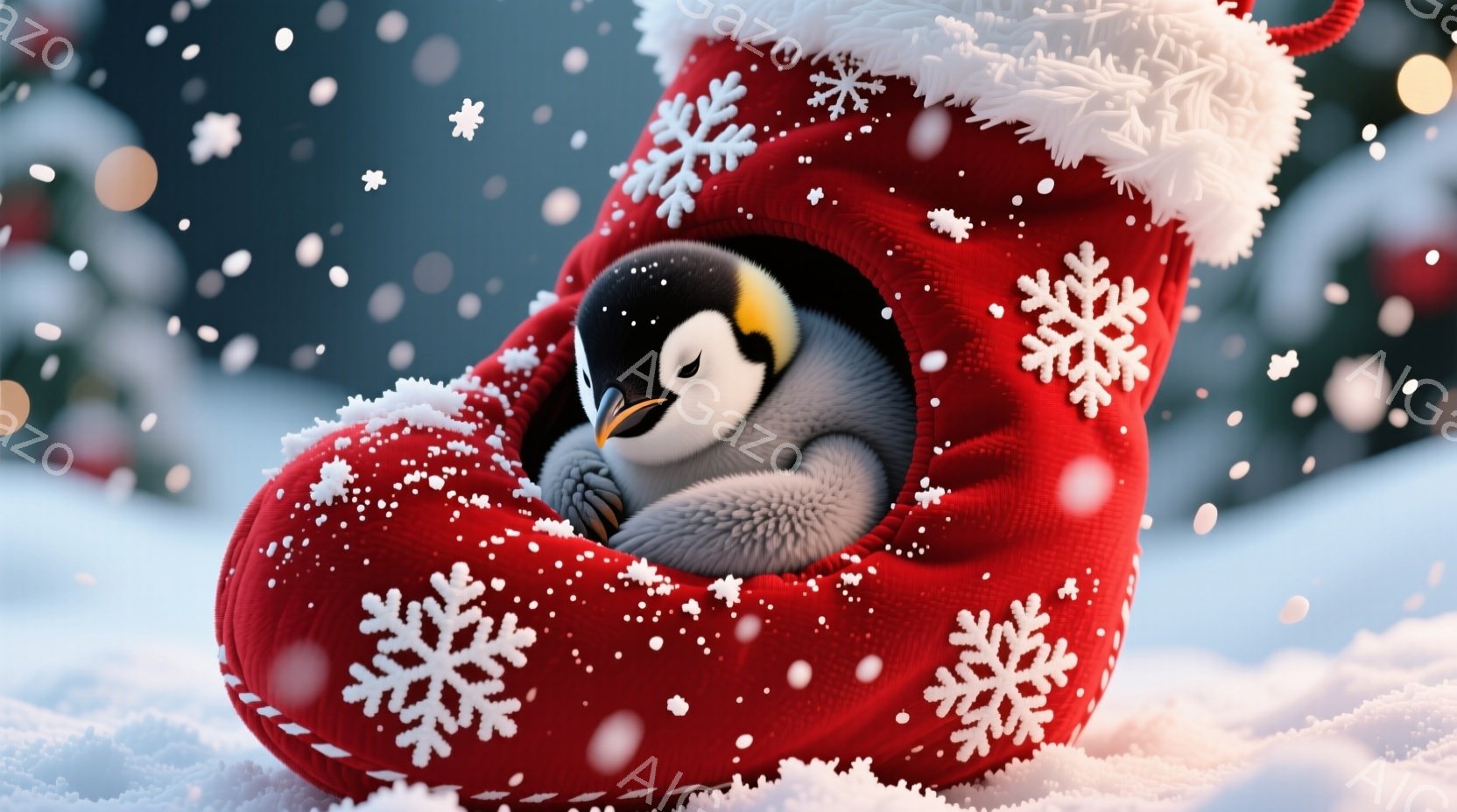 鮮やかな赤いクリスマスソックスの中に、小さなペンギンの雛が丸まって眠っています。ペンギンはふわふわとした白い毛で覆われ、安心した表情で目を閉じています。背景には雪が降り積もり、ぼやけた緑の木々が見え、 - AI生成フリー素材
