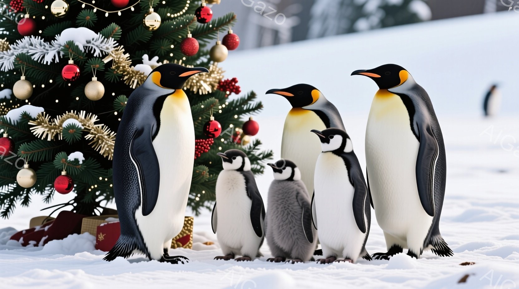 雪景色の中でクリスマスツリーを背景に、皇帝ペンギンとその雛が描かれています。 親ペンギンたちは堂々と立っており、雛は親の側に寄り添い、雪の上で小さく見えます。 クリスマスツリーは飾り付けられており、背 - AI生成フリー素材