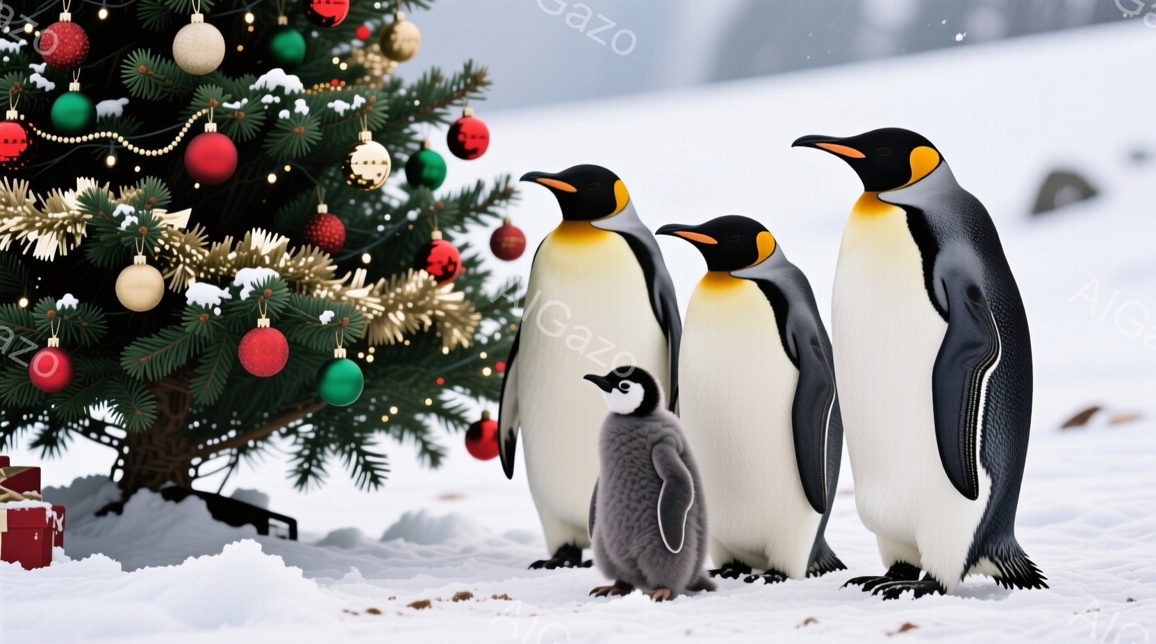 雪景色の中に、皇帝ペンギンの家族が立っている。親ペンギン2羽は背筋を伸ばして立っており、幼いペンギンは少し不安そうな表情で親の横に立っている。背景にはクリスマスツリーが飾られており、雪に照らされて暖か - AI生成フリー素材
