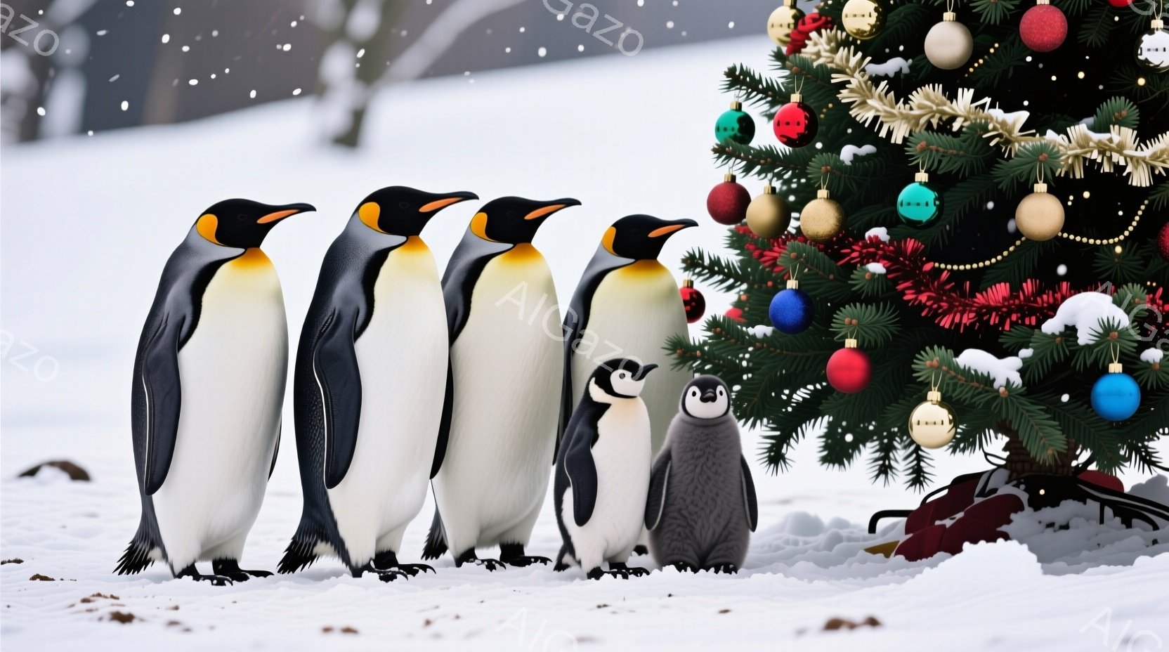 雪景色の中に、皇帝ペンギンの家族が整列している様子が描かれています。大人のペンギンは背筋を伸ばし、幼いペンギンは少し小さく、可愛らしい姿で彼らの間に立っています。背景にはクリスマスツリーが飾られ、雪が - AI生成フリー素材