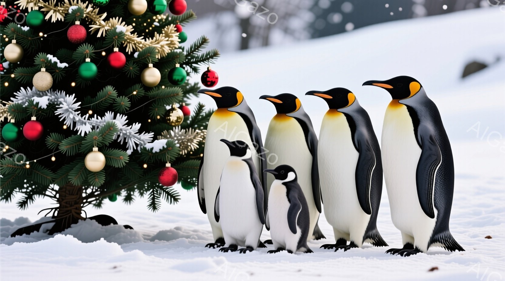 雪景色の中に、皇帝ペンギンの家族が立っている。親ペンギンたちは背筋を伸ばして凛々しく、小さなペンギンは親のそばに寄り添っている。背景にはクリスマスツリーが飾られ、雪が舞う幻想的な雰囲気を醸し出している - AI生成フリー素材