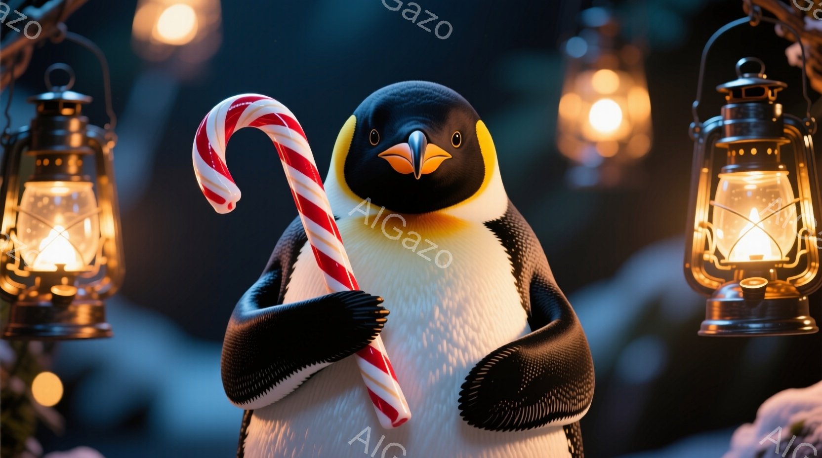白地に黒い模様のペンギンが、赤い縞模様のキャンディケーンを抱えています。背景には、点灯したランタンが配置され、雪景色が広がっており、冬の暖かい雰囲気を醸し出しています。ペンギンの表情は穏やかで、静かで - AI生成フリー素材