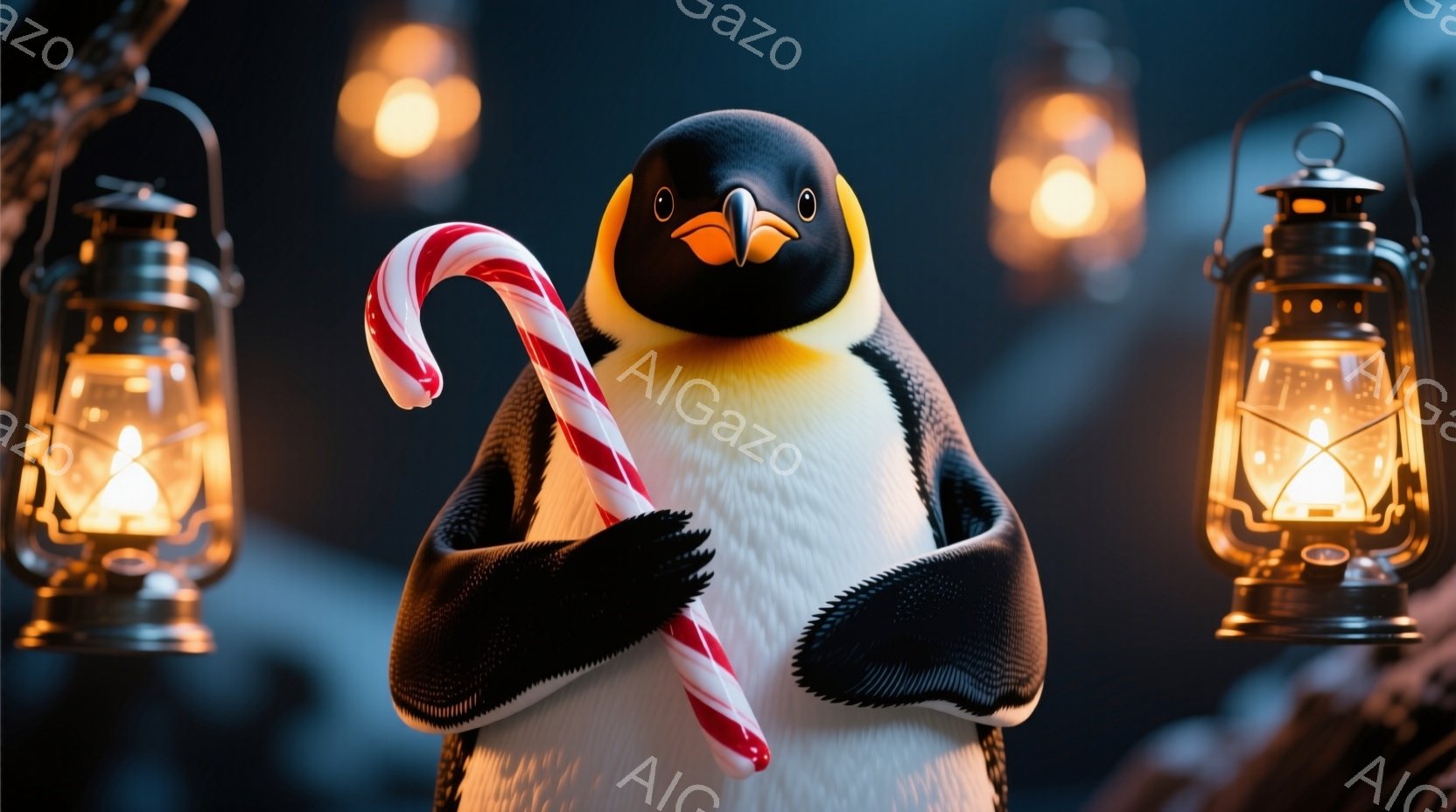 鮮やかな色彩のペンギンが、ねじれたキャンディケーンを抱きかかえて正面を見据えています。背景には、ぼんやりと光るランタンが配置され、冬の夜を思わせる雰囲気です。ペンギンは丸みを帯びた体型で、少し誇らしげ - AI生成フリー素材