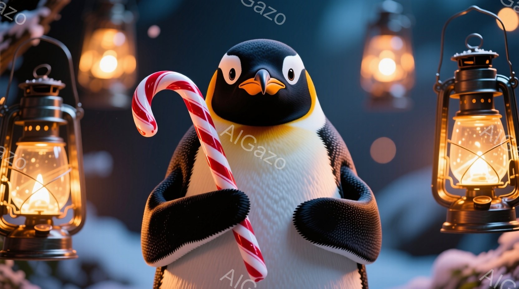 白と黒のペンギンが、赤と白のキャンディケーンを腕組みするように抱えています。背景には、点灯したランタンが雪景色の中に配置され、幻想的な冬の雰囲気を作り出しています。ペンギンの表情は穏やかで、暖かく優し - AI生成フリー素材