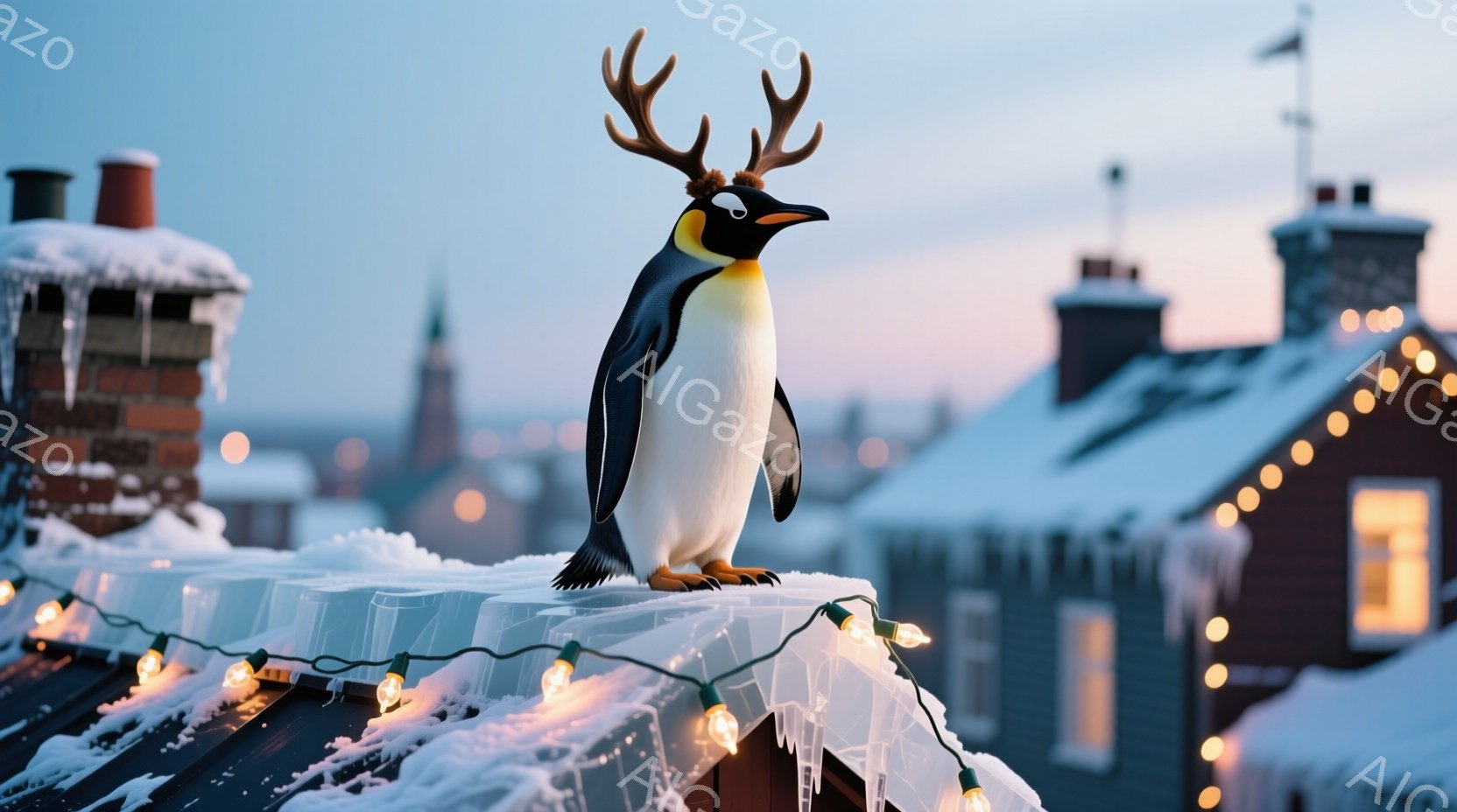 雪で覆われた屋根の上に、角を持つペンギンが立っている。背景には、夕焼け空の下、雪景色が広がる街並みと煙突が見え、クリスマスのイルミネーションが屋根を彩っている。全体的に幻想的で、冬の暖かさと遊び心を感 - AI生成フリー素材