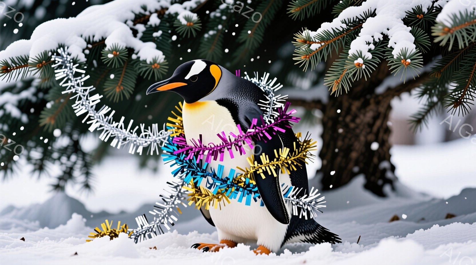 ペンギンは雪景色の中で、カラフルな飾り付けを首に巻いています。ペンギンは立っており、少し右を向いており、真剣な表情をしています。背景には雪に覆われた木々があり、全体的に冬の静寂で華やかな雰囲気が漂って - AI生成フリー素材